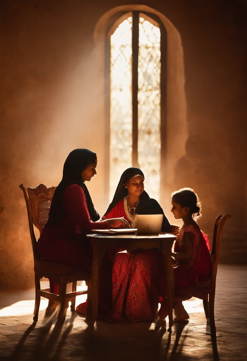 arafed woman and two children sitting at a table with a laptop, stunning visual, intense moment, very powerful, wonderful masterpiece, beautiful masterpiece, beautifully, bright light masterpiece, this is beautiful, incredibly beautiful, african ameera al taweel, amazing depth, thought-provoking, beautiful art, beautiful angle, stunning composition, beautiful composition, absolutely outstanding image