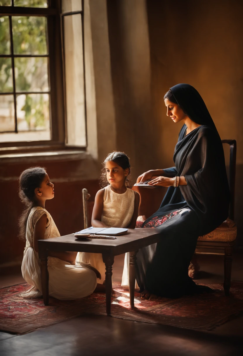 arafed woman and two children sitting at a table with a laptop, stunning visual, intense moment, very powerful, wonderful masterpiece, beautiful masterpiece, beautifully, bright light masterpiece, this is beautiful, incredibly beautiful, african ameera al taweel, amazing depth, thought-provoking, beautiful art, beautiful angle, stunning composition, beautiful composition, absolutely outstanding image