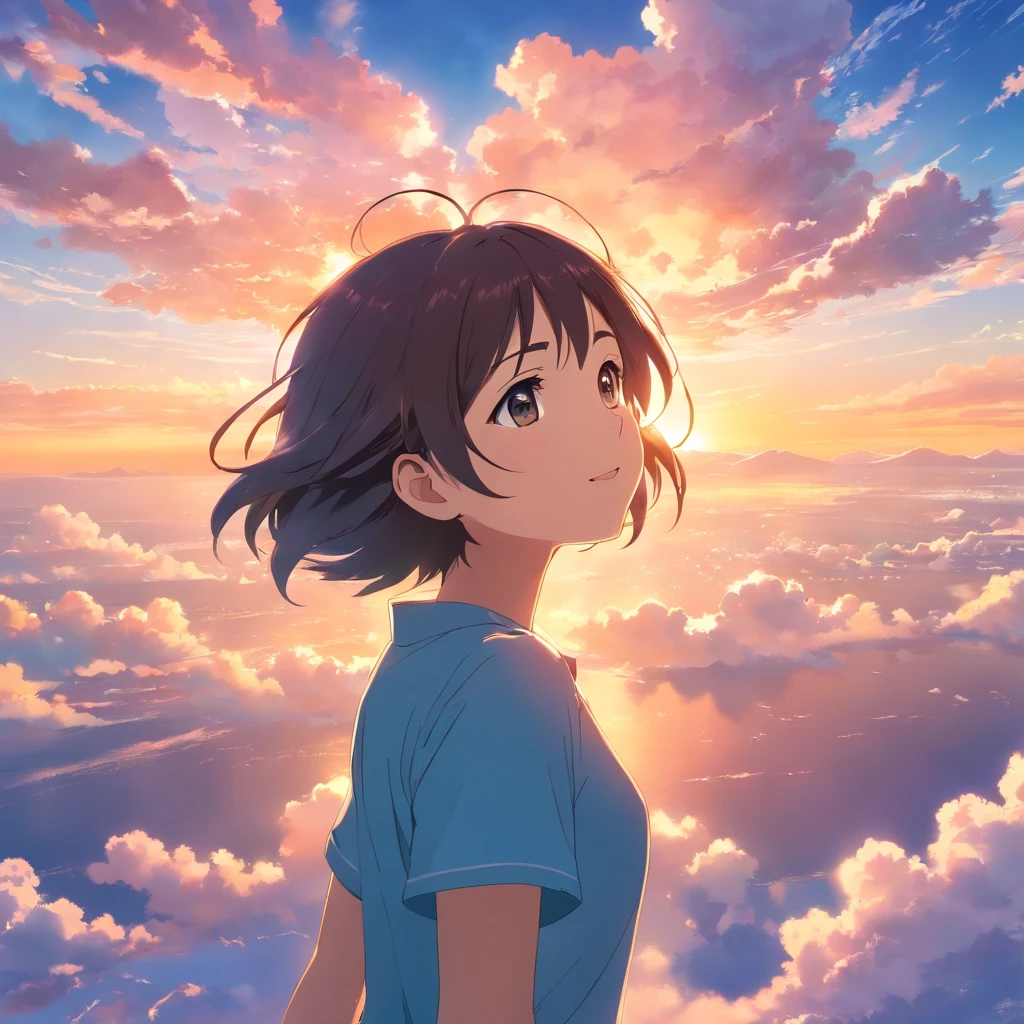 masterpiece, best quality, movie still, 1girl, cloud girl, floating in the sky, close-up, bright, happy, warm soft lighting, sunset, (sparks:0.7)