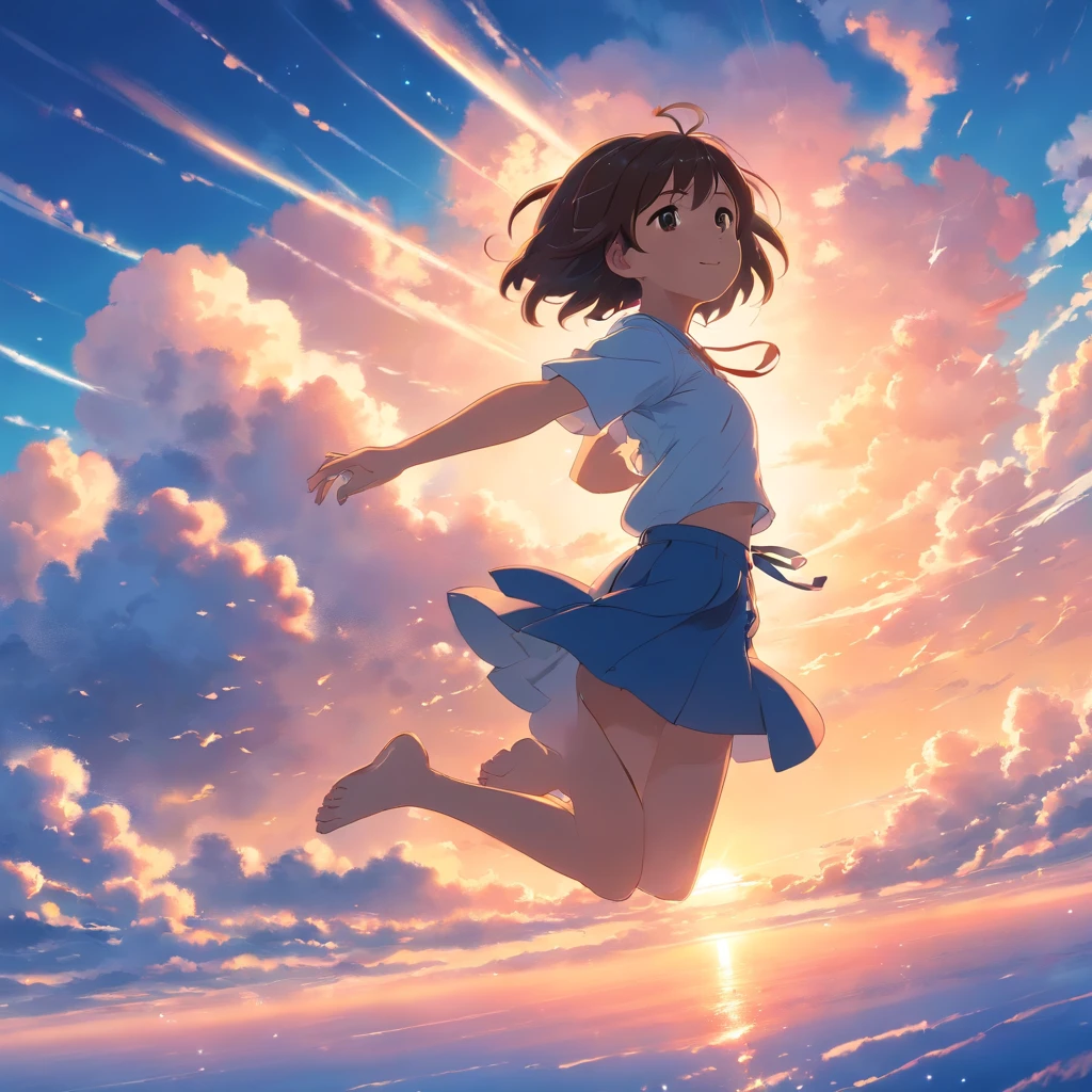 masterpiece, best quality, movie still, 1girl, cloud girl, floating in the sky, close-up, bright, happy, warm soft lighting, sunset, (sparks:0.7)