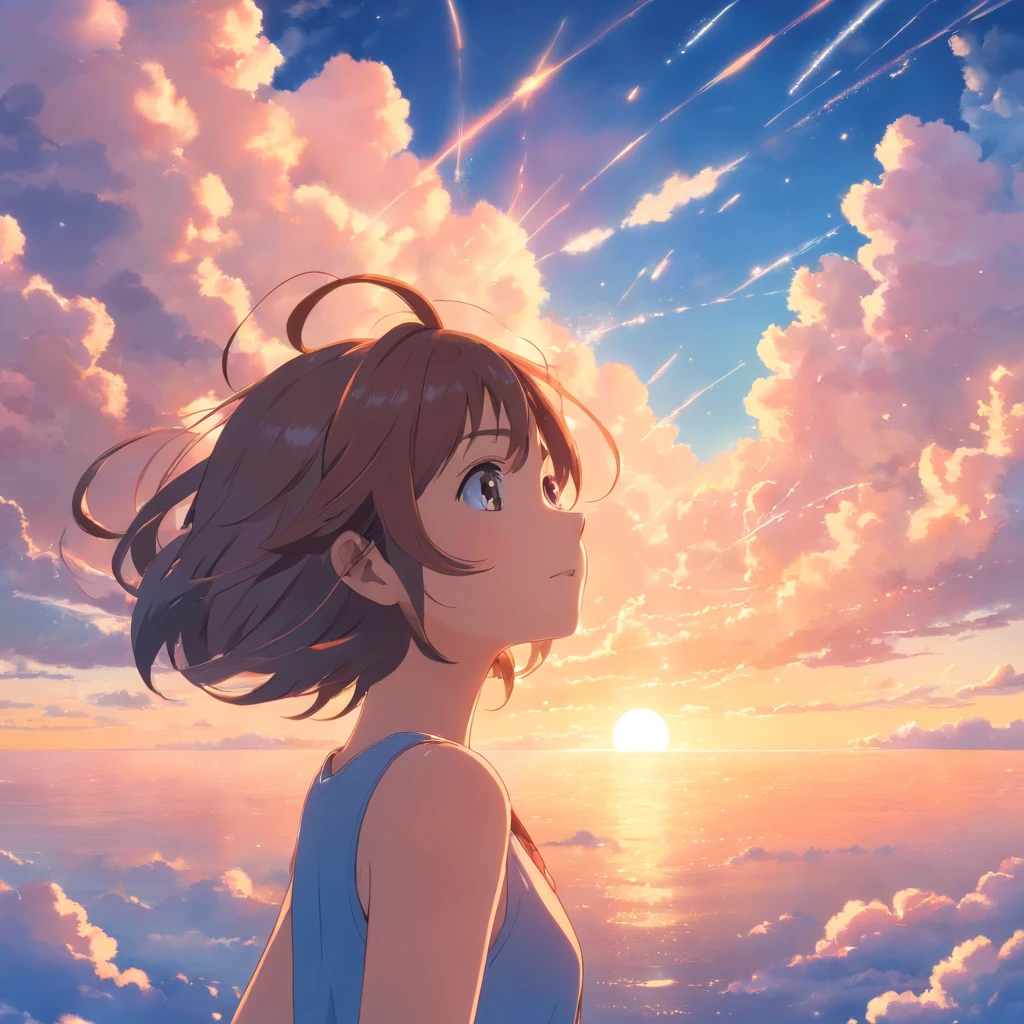 masterpiece, best quality, movie still, 1girl, cloud girl, floating in the sky, close-up, bright, happy, warm soft lighting, sunset, (sparks:0.7)