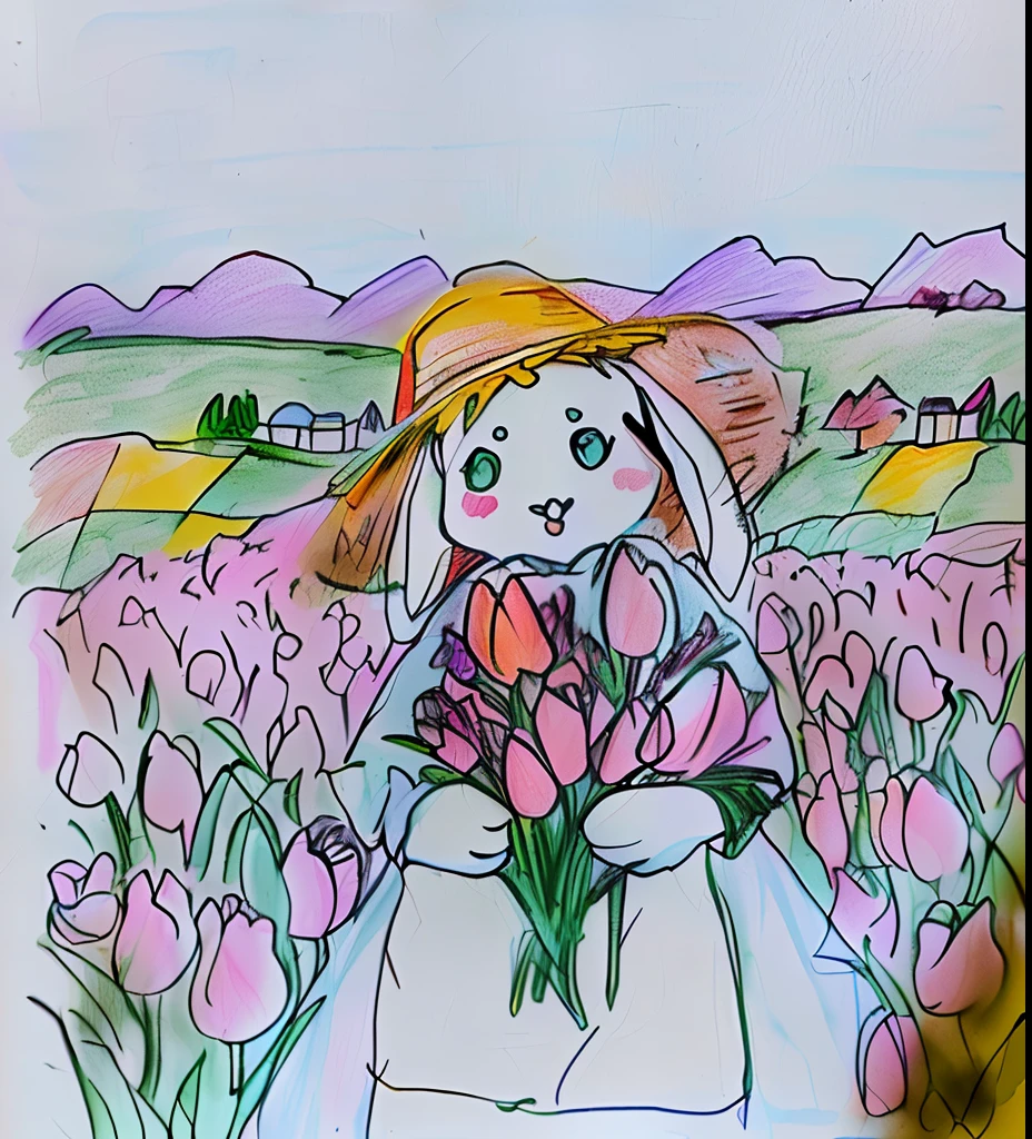Draw a rabbit in a tulip field, in a field of flowers, Colored on, in a field with flowers, with flower fields as foreground,pastel coloring, color page, standing in flower field, Rabbit in a flower field holding tulips, full color drawing