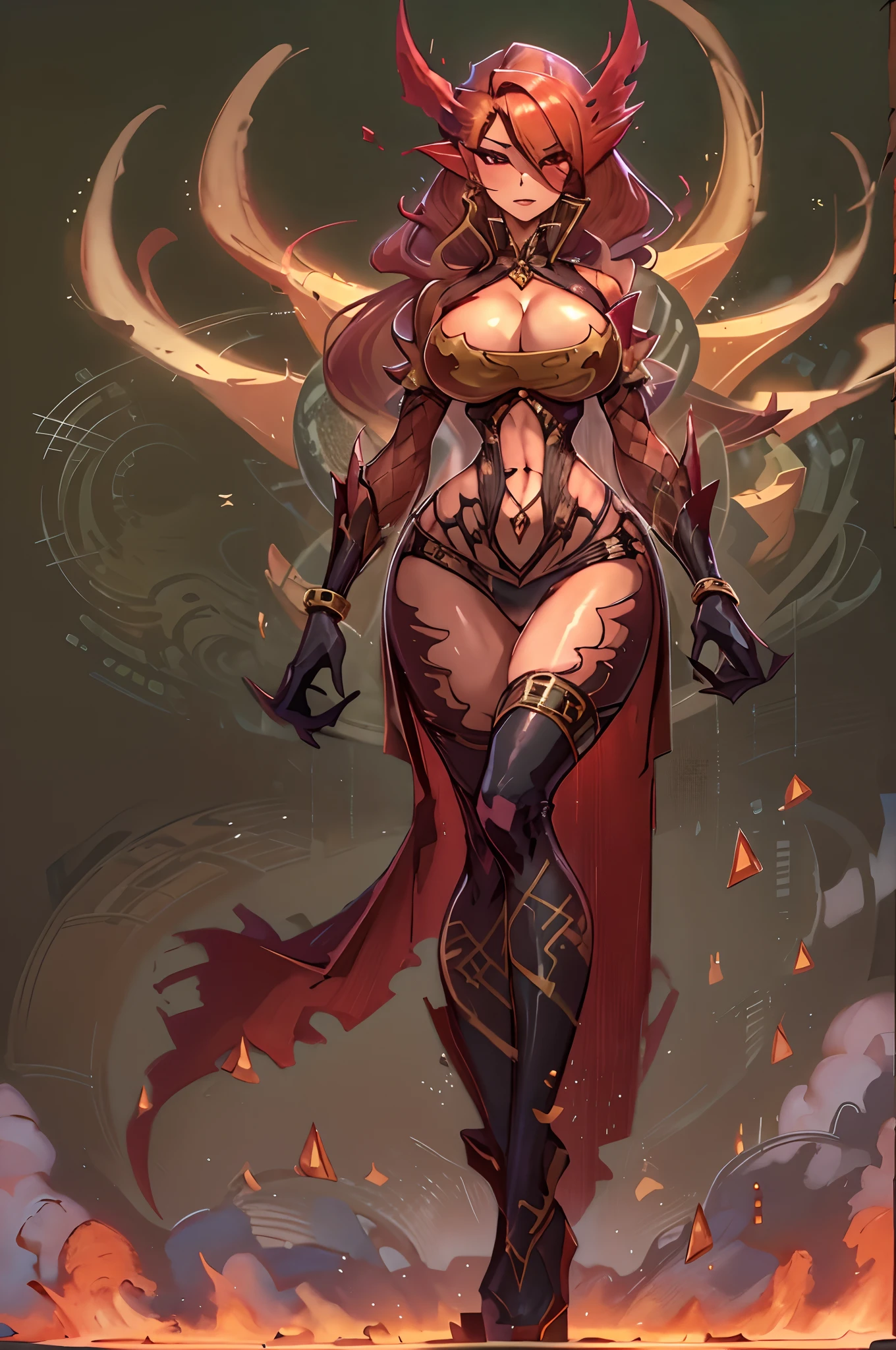 magma elemental posing seductively, mature face, hourglass figure, plumb ass, thick thighs, thin waist, huge breasts