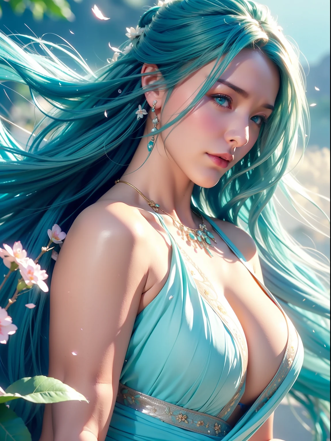 A cottage style woman, (((Aqua blue hair color))),(Colorful),(finely detailed beautiful eyes and detailed face, Long aqua blue hair), flowers in head,Cinematic lighting,Extremely detailed Cg Unity 8K wallpaper,((flying petal)),(Flowers meadow) sky, Cloud... i,((Blue untied flowing hair and pretty flower dream cottage background)), Shanzhai style, Hut aesthetics, high detailed background , Curvy body, Gorgeous, elegant, Simple gold necklace, Dynamic pose, Realistic, Detailed facial expressions, beautiful attractive face, Smilling, (Bright blue eyes:1.14), Real-life skin, 8K, intricately details, Professional lighting, Full body shot, dynamic angle shot, looking at the camera in, Amazing Unreal Engine, Soft and diffuse lighting, Cute, Wind, petals in the wind,1 girl, Sexy, Sensual, a 20 yo woman,(Natural skin texture, Soft light, Sharp), Bigboobs