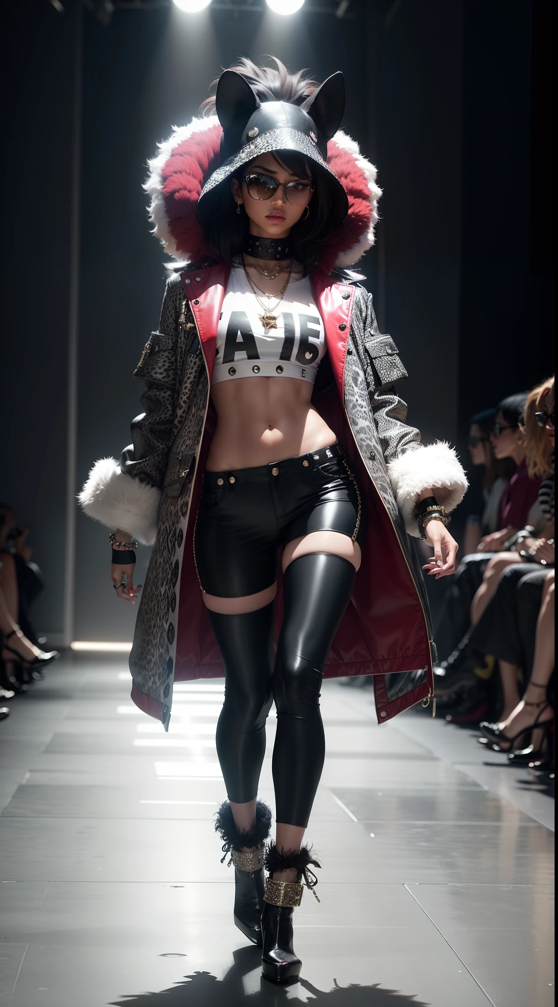 "Fashionable animal wearing trendy clothes and accessories, strutting confidently on the runway, oozing style and attitude."