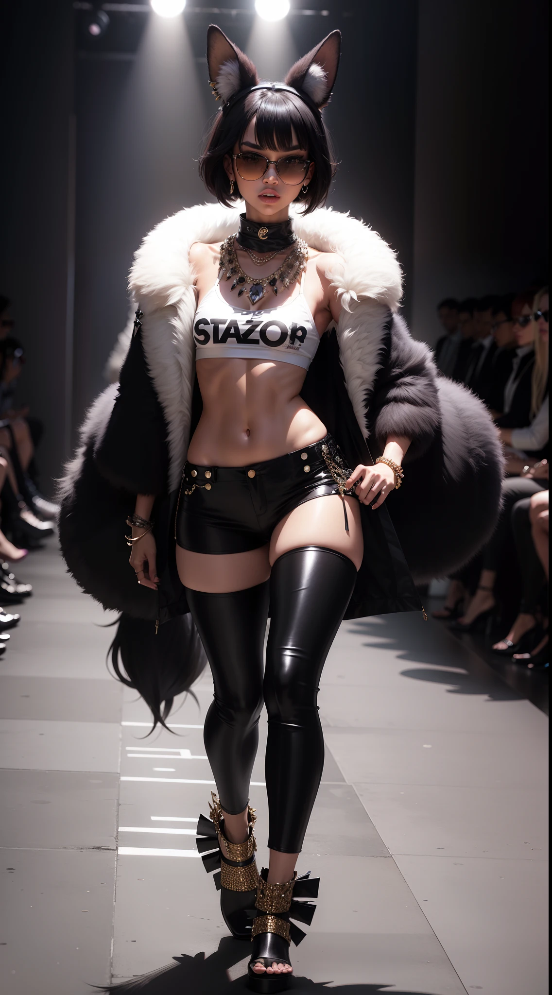 "Fashionable animal wearing trendy clothes and accessories, strutting confidently on the runway, oozing style and attitude."
