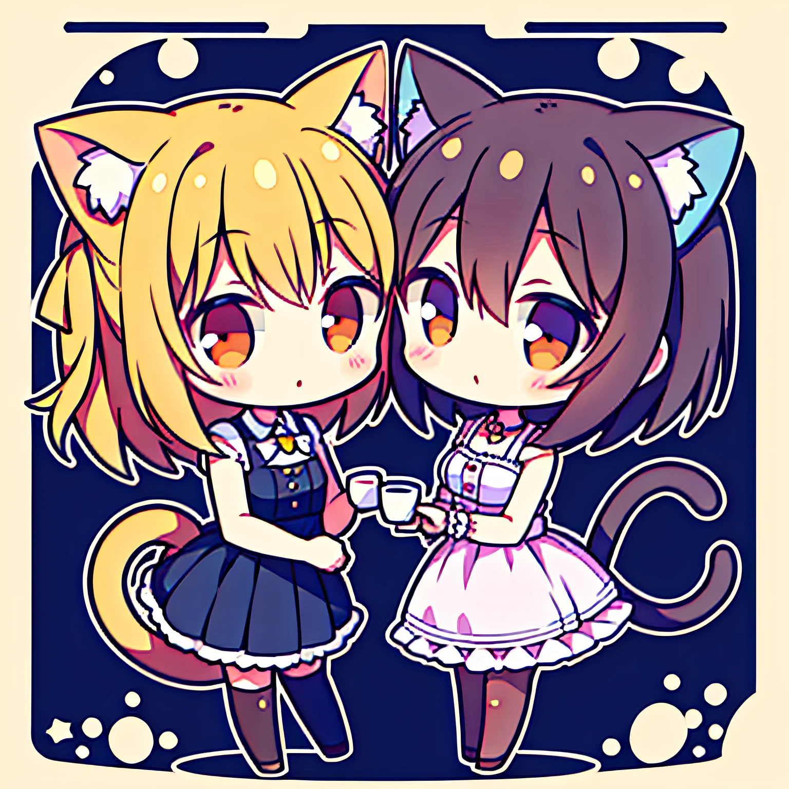 2girls,chibi,cat ears, kiss,yuri, coffee cup,symmetrical pose, tail, head rub, in cup,speak heart,