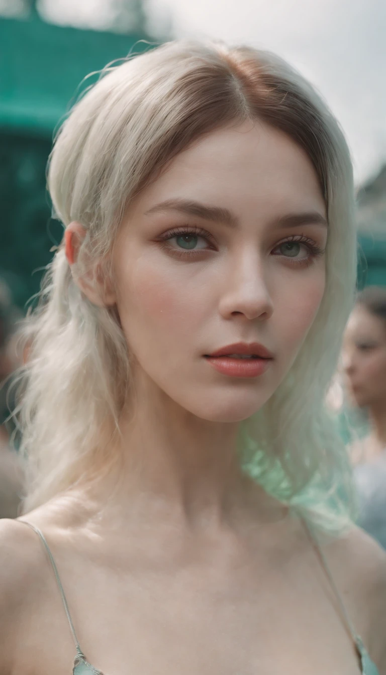 offcial art, Unity 8k wallpaper, ultra - detailed, Beautiful and aesthetic, Beautiful, tmasterpiece, best qualityer, .primitive, super thin photo, 超高分辨率, Fotorrealista, rays of sunshine, full-body portraits, unbelievable beautiful, dynamicposes, delicated face, vibrant eyes, (the sideview), There are people in town wearing strange futuristic masks，Wear extravagant vintage fashion outfits，Men and women wearing alien makeup and old ornaments，With mechanical pets, wes anderson（Wes Anderson）Science fiction films of the 1960s, pastels colors, Rosa, Blue and green, natural soft light, psychedelia, Strange futurist, foco nítido, intrinsic, Fujifilm 55mm film, highly  detailed, Detal Face, Occupies detailed complex backgrounds, Messy, big breasts beautiful, milkyW, highly detailedskin, Realistic details of skin, Visible pores, foco nítido, volume fog, 8K  UHD, SLR camera, high high quality, Particles for movie cameras, rendering, DL, Expand the metropolis in a retro-futuristic dystopia, look from down, semi transparent