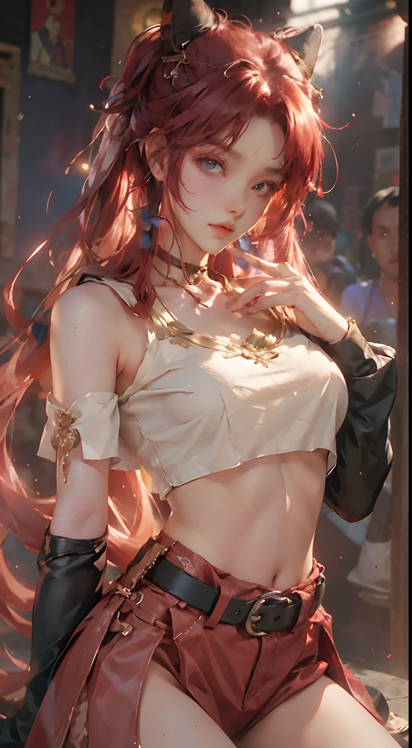 tmasterpiece，top Quority，（realisticlying，realisticlying：1.4），（RAW photos：1.2），Very delicate CG Unity 8K wallpaper，very delicate beautiful，Wonderful，Tied posture，The attention to detail，offcial art，，hugefilesize，Very fine，very refined，Beautiful eyes and face，Beautiful exquisite eyes，light in face，one-girl，pony tails，thongs，leathers，full bodyesbian，Short sleeved crop top T-shirt，  Bare arms， By bangs，Leather clothes，Belt accessories，Collar，red tinted hair
