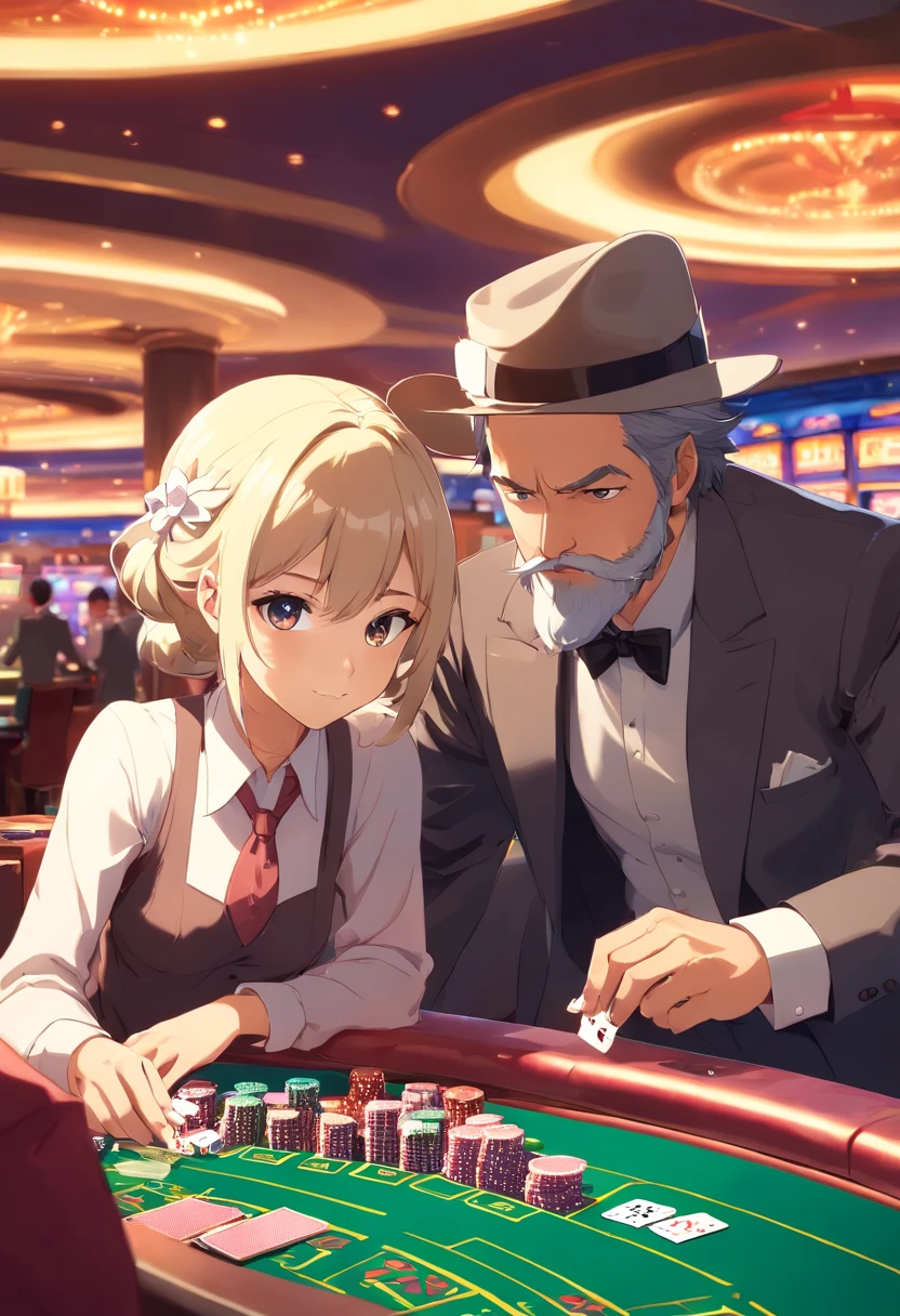 White-bearded gentleman and hat-wearing lady playing blackjack in casino