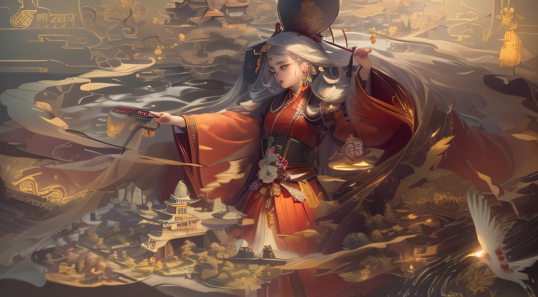 Illustration scene, best quality, masterpiece: 1.2), (official art, extremely detailed expression), film composition, (scene design), grand Chinese architecture, Forbidden City, depth, symmetrical design, huge building, ((ancient bridge, lake water , trees,)), rich details, ancient Chinese Tang Dynasty style, delicate and soft painting style, film-level lighting effects, high-definition quality, soft light, rich details, 32K, high picture quality, a high resolution, (Very detailed CG unity 8K wallpaper), full body, a goddess, beautiful facial features, Chinese costumes, Hanfu, head covering, hair accessories, earrings, jewelry, fairyland on earth, under soft light, traditional Chinese ink painting , delicate face, normal hands