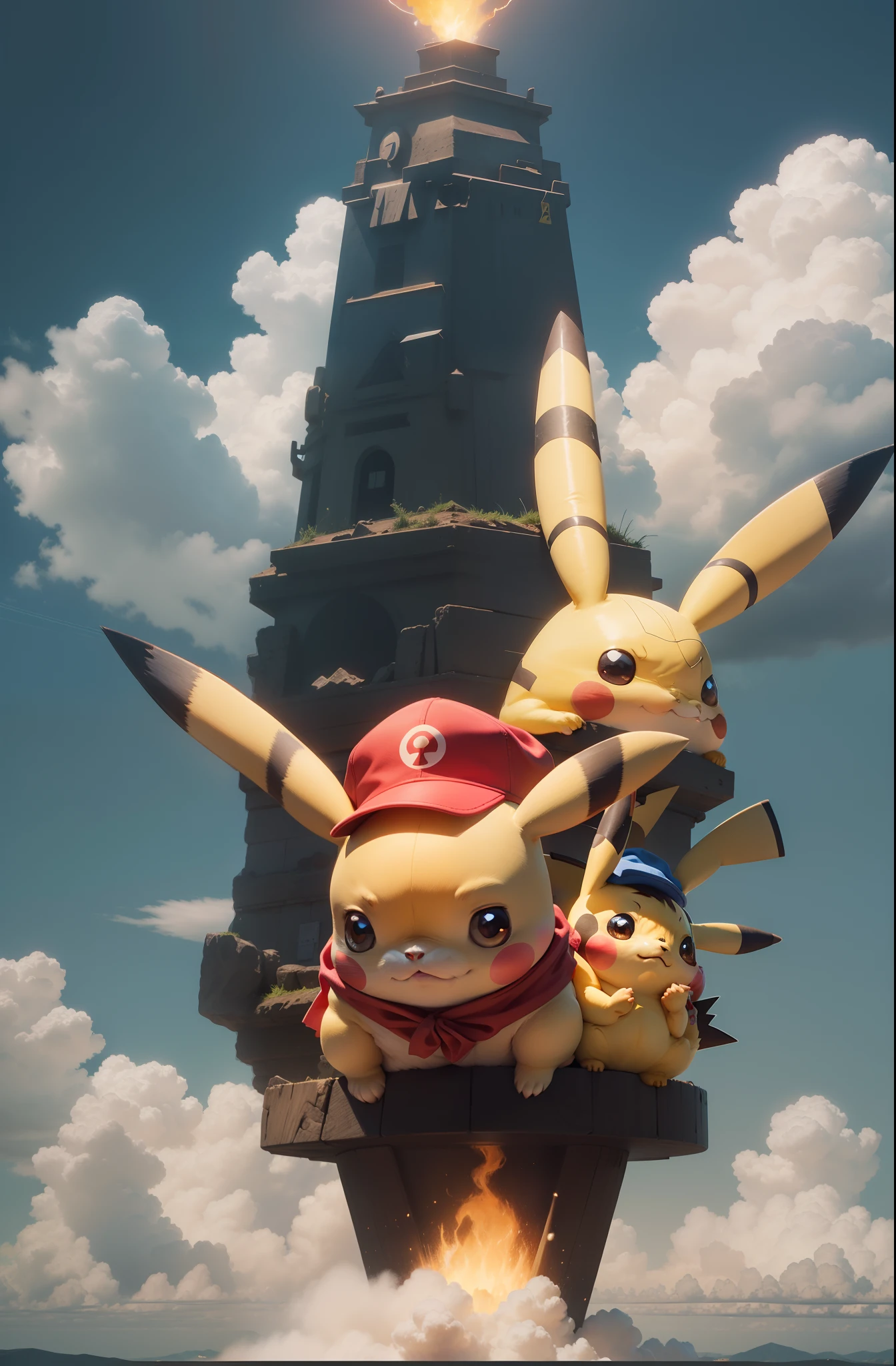 There is Pikachu，He wears a red V-shaped hat on his head，He wears Pikachu pajamas，A blue scarf wrapped around his neck，His ears are short，Not very prominent，His body is small，Very cute，Use 100,000 volts under a cloudless sky，The sky is filled with the breath of thunder element