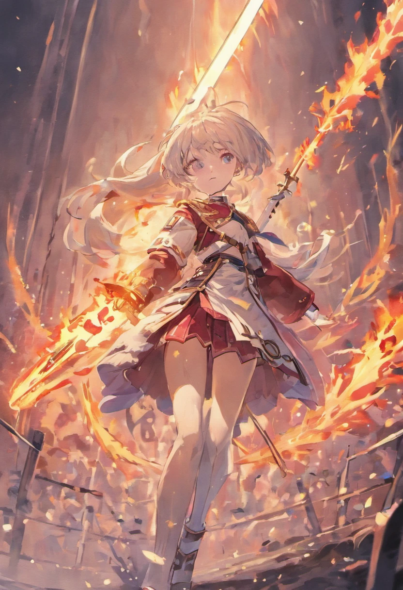 1girl, solo, {{perfect Japanese sword}}, holding Japanese sword, {pretty silver hair|shiny:1.3}, looking away, dynamic angle, {pretty pink eyes:1.6}, pretty light pink lips, white military uniform, {gold embroidery:1.3}, unbuttoned at neck, small silver necklace, long white boots, heels, {returned blood:1.3}, battlefield in the background, many soldiers in the background, gunpowder smoke, pillar of fire,