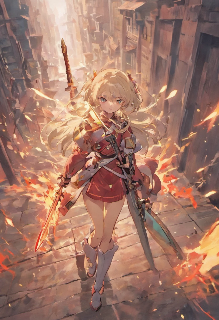 1girl, solo, {{perfect Japanese sword}}, holding Japanese sword, {pretty silver hair|shiny:1.3}, looking away, dynamic angle, {pretty pink eyes:1.6}, pretty light pink lips, white military uniform, {gold embroidery:1.3}, unbuttoned at neck, small silver necklace, long white boots, heels, {returned blood:1.3}, battlefield in the background, many soldiers in the background, gunpowder smoke, pillar of fire,