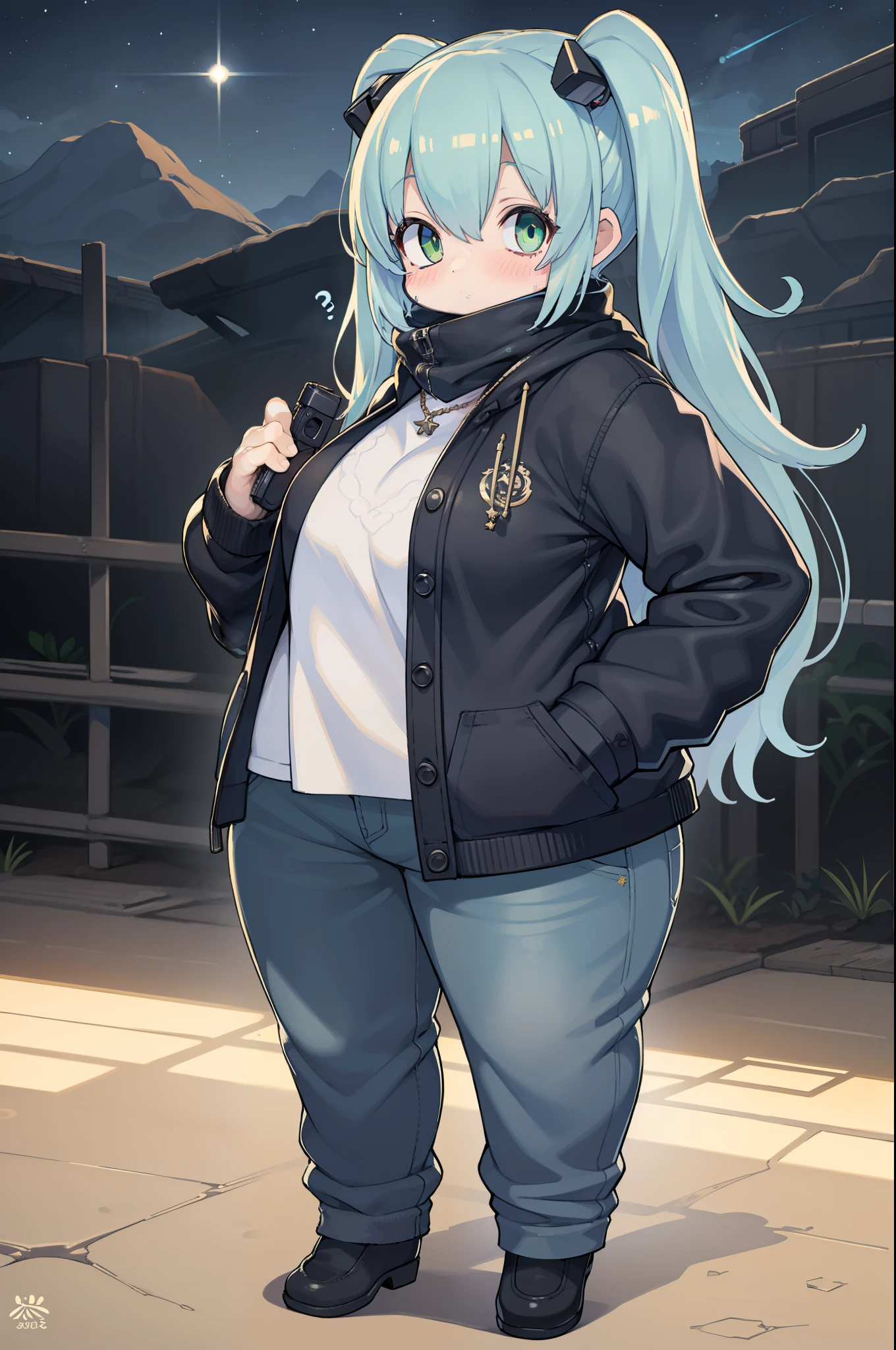 Giant handgun、Desert Eagle、Long sideburns、Anime-style girl with beautiful whole body, Girl,clean detailed faces, ciber,analogous colors, Glowing shadows, beautiful gradients, depth of fields, CLEAN IMAGE, High quality,Black Parker Clothing、 high detailing, High Definition, blush, Fit, Heavenly Beauty, Very detailed, Soft lighting, Full body,Green&Black hair,Green eyes、