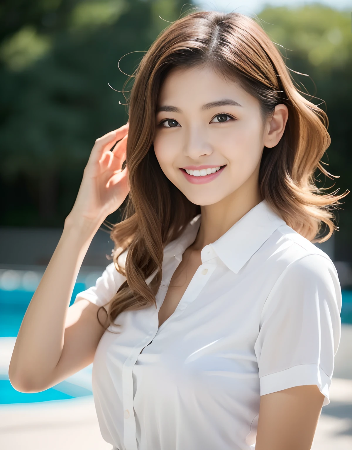 (1人:1.37, Night situation:1.37), (Realistic, Photorealistic: 1.37), (masutepiece, Best Quality: 1.2), (Ultra High Resolution: 1.2), (Raw photo: 1.2), (Sharp Focus: 1.3), (Face Focus: 1.2), (Ultra detailed CG unified 8k wallpaper: 1.2), (Beautiful tanned skin: 1.5), (Tanned skin color: 1.5), (hyper-sharp focus: 1.5), (Ultra Sharp Focus: 1.5), ( Beautiful pretty face: 1.3), (The face of the Japan actress:1.3), (hyper detailed background, Detail Background: 1.3), BREAK, Photos of very cute and beautiful Japan of women, (sexymodel), professional attire, (38 years: 1.1), Portrait of a girl with a bright smile, Upper body image, When viewed from the front, The composition is symmetrical, (dramatic lights: 1.3), (Backlight: 1.3), lighting that covers the whole body, looking straight at you, Natural Posing, arms behind back:1.3, BREAK HA, (Mahogany fine hair: 1.2, Wavy bob hair:1.2), dark brown eyes, Beautiful eyes, Princess Eyes, ((Mahogany hair:1.3)), Bangs, hair between eye, (Voluptuous:1.47, curby), (medium breasts⁩;1.37, drooping chest:0.95), (thin waist: 1.05), (Detailed beautiful girl: 1.4), BREAK, (Chest squeezed together, View Viewer, (school girl outfit;1.37, white collared shirts:1.37, Black Box Skirt:1.37, detailed  clothes, A charming expression)), Solo, Parted lips, Red lips, (Shiny skin:1.3, Oily skin:1.3), BREAK,  (Resort pool background:1.25, Simple background:1.25), (Dishonest laughter, light seductive smile:1.15, Cute smile:1.15), ((Perfect female body)), (Upper body image:1.3, Bust Up Pottrait:1.3), frame head, Perfect Anatomy, Perfect proportions, 8.5 life-size, Face Focus, hyper realistic photography, Hyper Sharp Image, Hyper Detail Image,