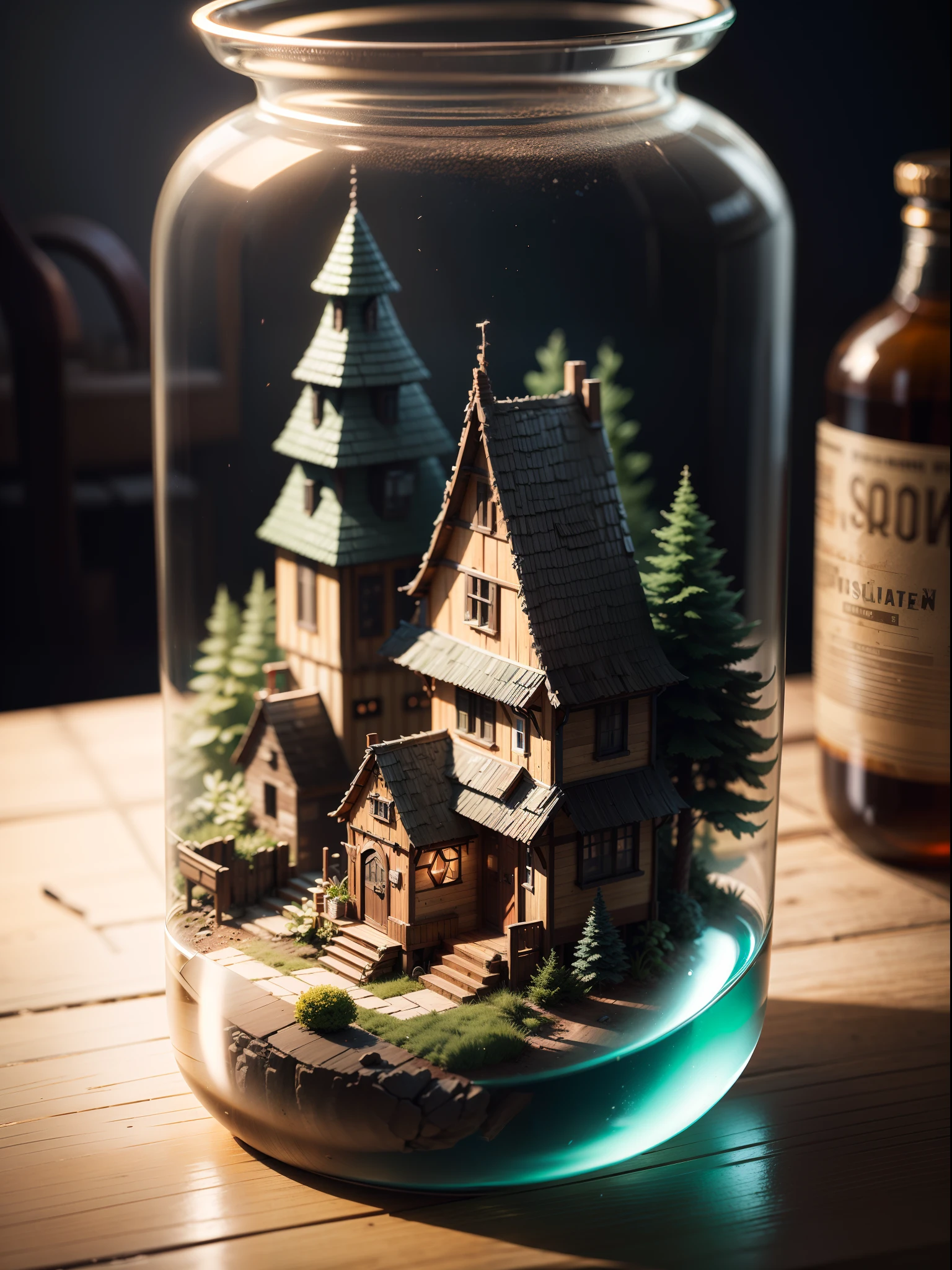 (Concept Art), (Intricate Forest Mini Town, Village, Landscape Trapped in a Bottle), Biome, Thick Glass, Weathered, Atmospheric Oliva Lighting, On the Table, 4k UHD, Dark Resonance, Ultra Detailed, Vivid Colors, Epic Composition, Octane Rendering, Sharp Focus, Detailed, Complex, (Reflection, Refraction, Caustic: 0.6), (High Resolution Isometric), 8K, HDR, Realistic: 1.4