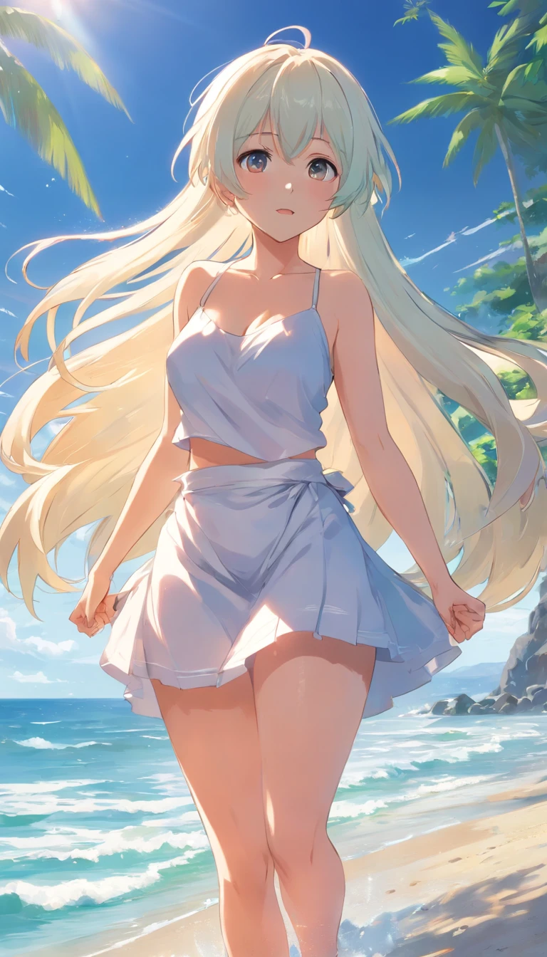 ( Absurd , High quality , ultra detailed, careful with hand )Zodiac - Gemini goddess , similar to latin goodness , Solo . Curious, skillful, humorous, seductive, imaginative face , Sometimes impractical, restless, nervous, careless style , mature , light brown eyes , long hair , light blonde hair , transparent dress , lace lingerie , in the ocean with wind , whole body , flirty look ,