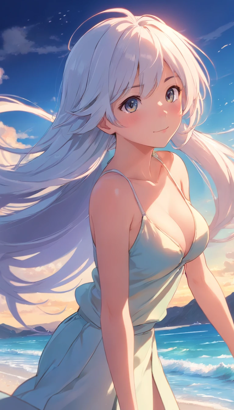 beach,Look up,Long white hair,full bodyesbian, Electrical performance,Long skirt super huge breasts,爆乳,cleavage,fleshy feeling,Without losing the flesh feel,The kinky is exposed,Breasts beyond common sense,