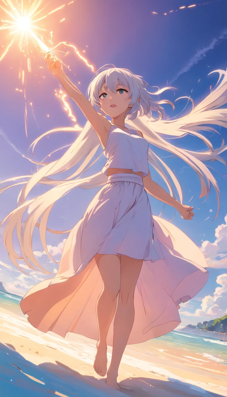 beach，Look up，Long white hair，full bodyesbian, Electrical performance，Long skirt super ，爆乳，cleavage，fleshy feeling，Without losing the flesh feel，The  is exposed， beyond common sense，