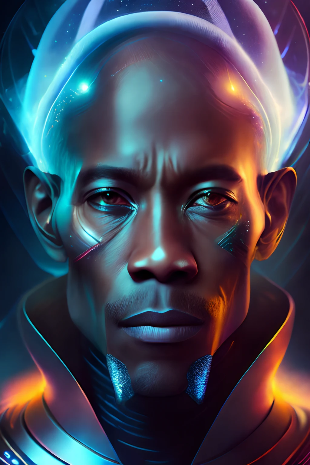 Portrait of the soul of a futuristic alien prophet from another dimension of the universe