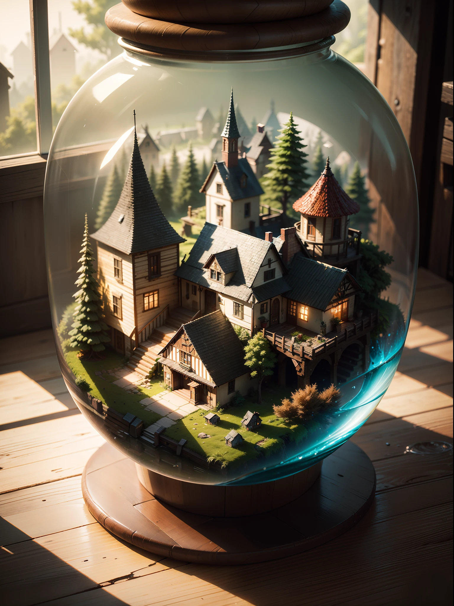 (Concept Art), (Intricate Forest Mini Town, Village, Landscape Trapped in a Bottle), Biome, Thick Glass, Weathered, Atmospheric Oliva Lighting, On the Table, 4k UHD, Dark Resonance, Ultra Detailed, Vivid Colors, Epic Composition, Octane Rendering, Sharp Focus, Detailed, Complex, (Reflection, Refraction, Caustic: 0.6), (High Resolution Isometric), 8K, HDR, Realistic: 1.4