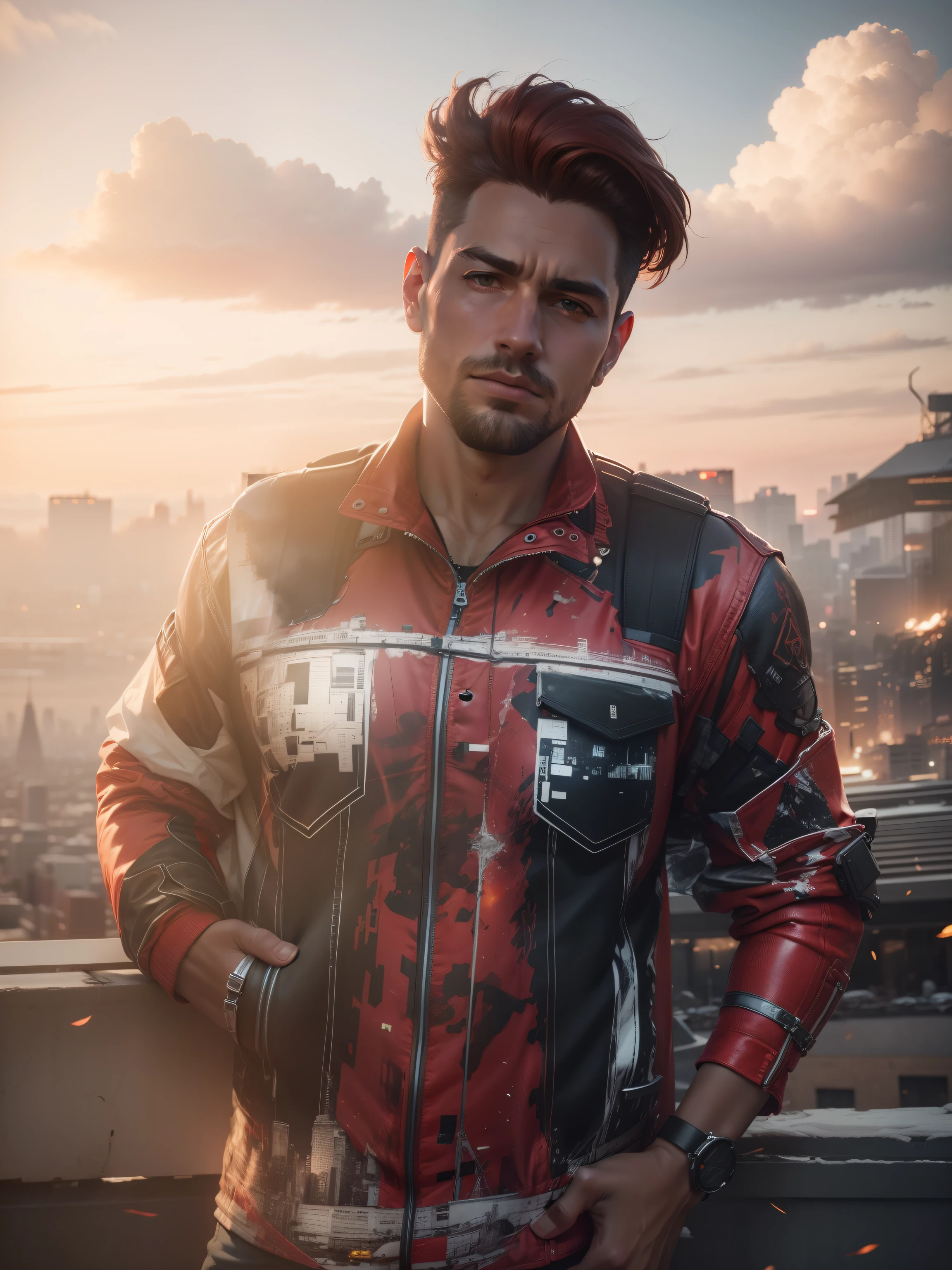 City view in background, big building, realistic, ultra high quality, 8k, red jacket