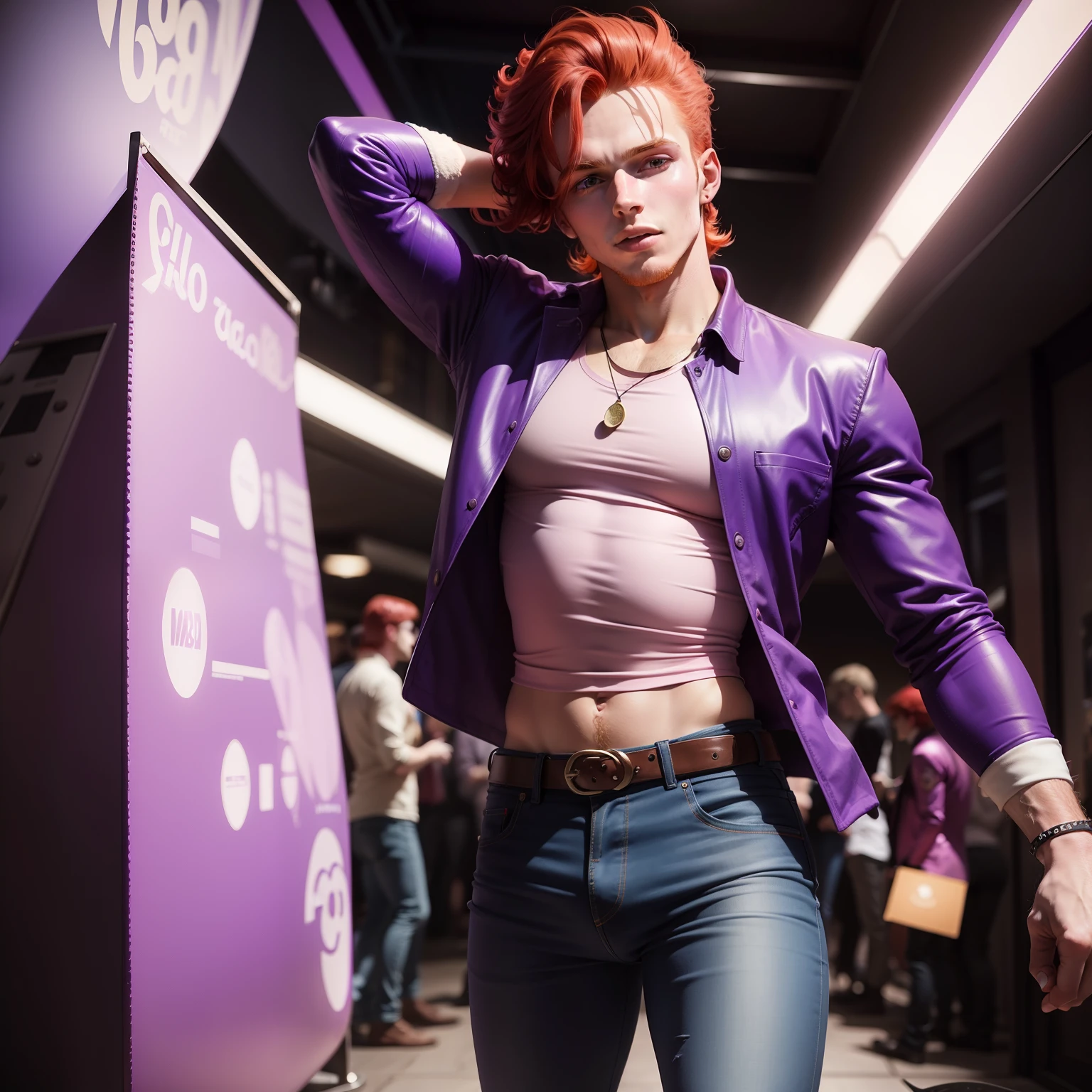 "Old 1968 photograph of a 20-year-old red-haired madman in crazy purple psychedelic clothes with matching jeans posing in the disco