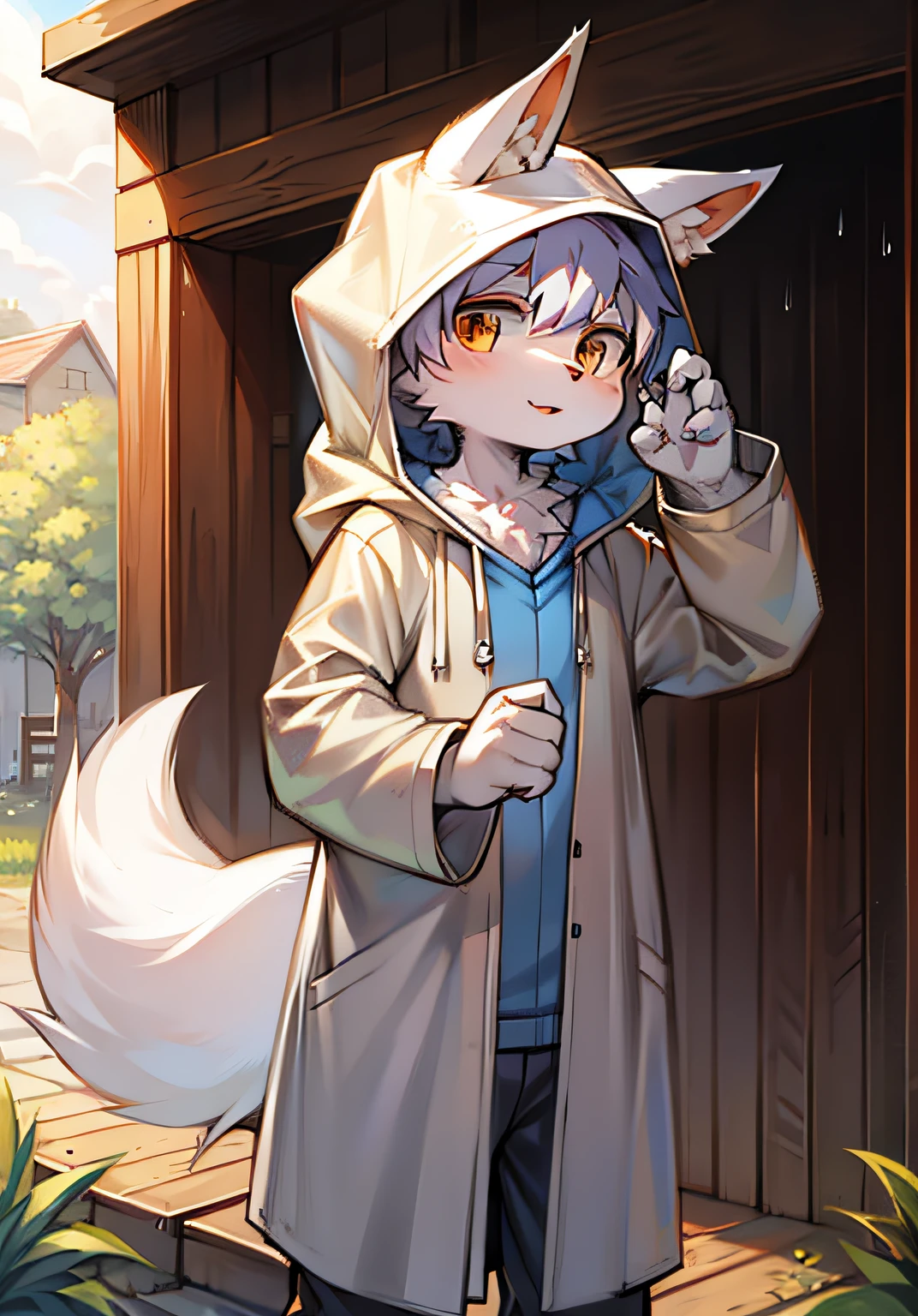 Shota the white fox wearing only a raincoat outdoors