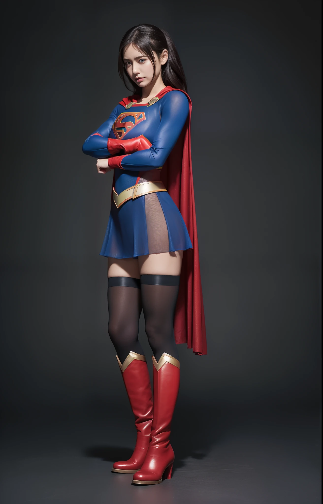 (((Make the most of the original image)))、(((Supergirl Costume)))、(((lustrous dark hair)))、(((Suffering)))、(((Feet must necessarily be worn with black tights)))、(((You need to wear red boots)))、((Top image quality、8K))、((top-quality、8K、masterpiece:1.3))、Crisp focus:1.2、Beautiful woman with perfect body shape:1.4、Slender Abs:1.2、((layers-Cut、large boob:1.2))、a wet body:1.5、Highly detailed facial and skin texture、