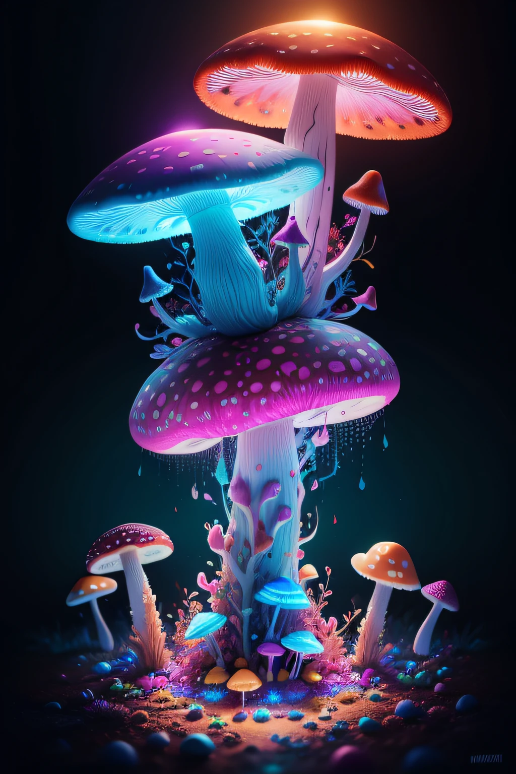 a psychedelic mushrooms in a colorful world, glowing, underwater, 4k, mycelium, cosmic effects