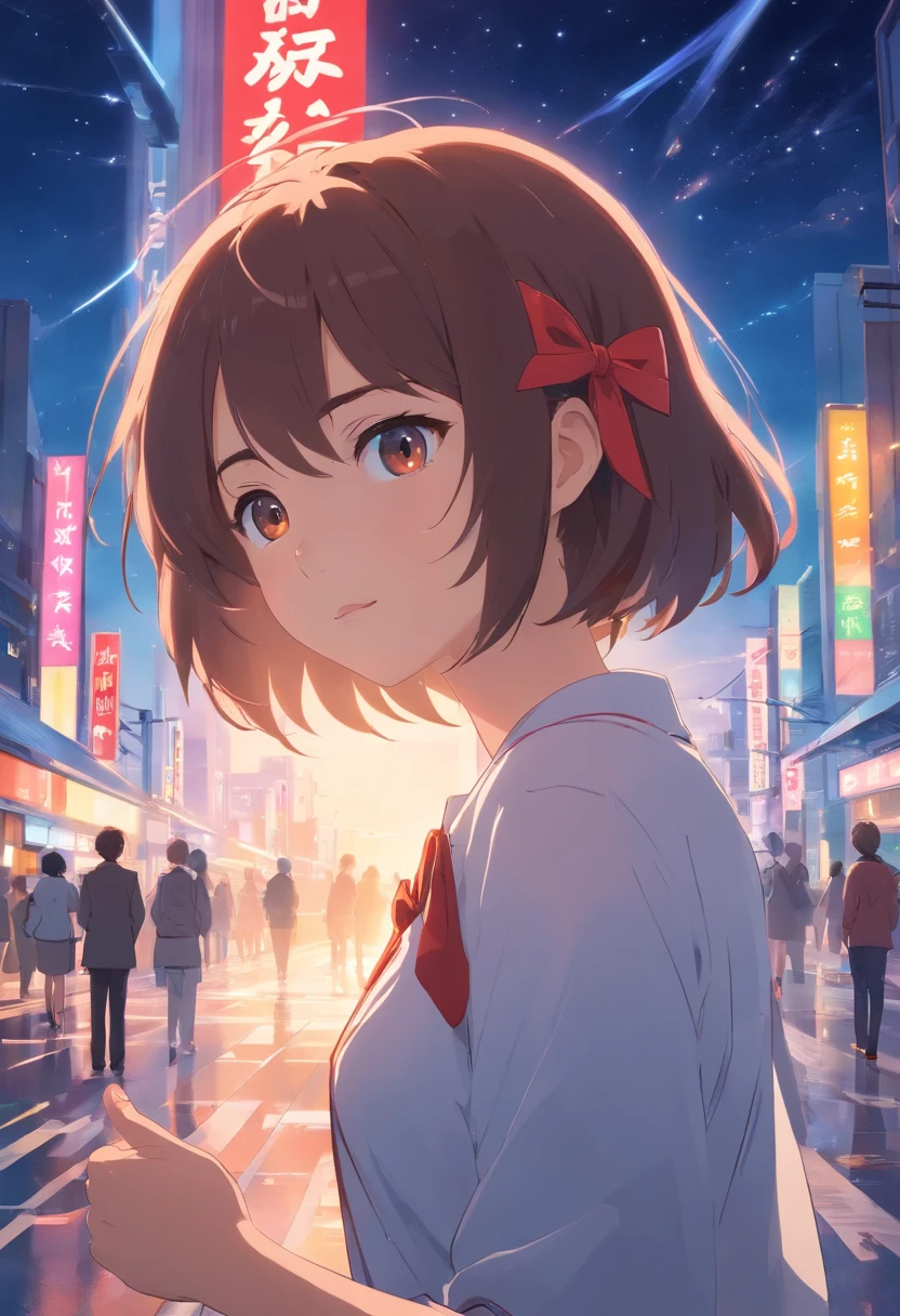 tmasterpiece,best qualtiy,cinematic Film still from,solo,1girl,Fine face,Fine hair,finely quality eyes,white dresses,Red ribbon,Cross your hands over your chest,(night sky background:0.7)