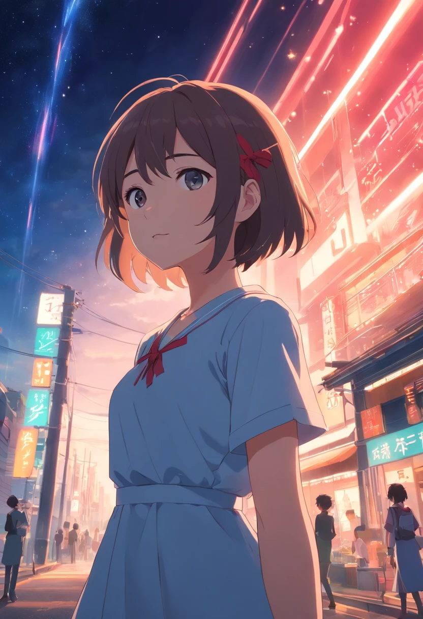 tmasterpiece,best qualtiy,cinematic Film still from,solo,1girl,Fine face,Fine hair,finely quality eyes,white dresses,Red ribbon,Cross your hands over your chest,(night sky background:0.7)