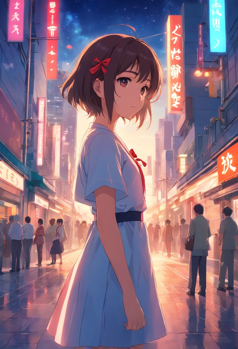 tmasterpiece,best qualtiy,cinematic Film still from,solo,1girl,Fine face,Fine hair,finely quality eyes,white dresses,Red ribbon,Cross your hands over your chest,(night sky background:0.7)