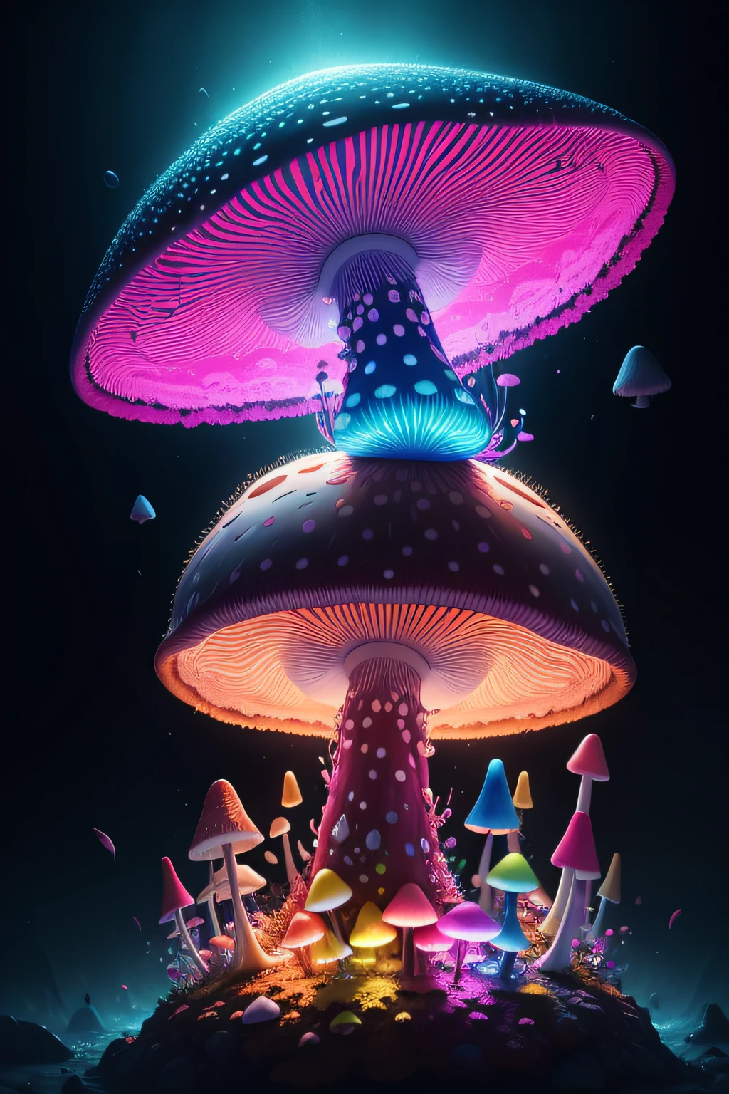 a psychedelic mushrooms in a colorful world, glowing, underwater, 4k, mycelium, cosmic effects