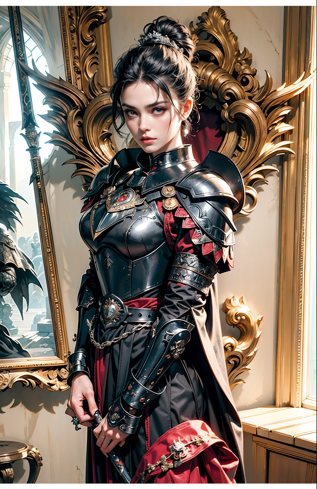 serious look pressed lips, (black updo:1.2), (black steel armor:1.1) and robes (cape:1.2) royalty ornate (embroidery:0.5) with sword, skinny (Gorget Plackart pauldron :1.3), (masterpiece:1.2) (illustration:1.1) (best quality:1.2) (detailed) (intricate) (8k) (HDR) (wallpaper) (cinematic lighting) (sharp focus)