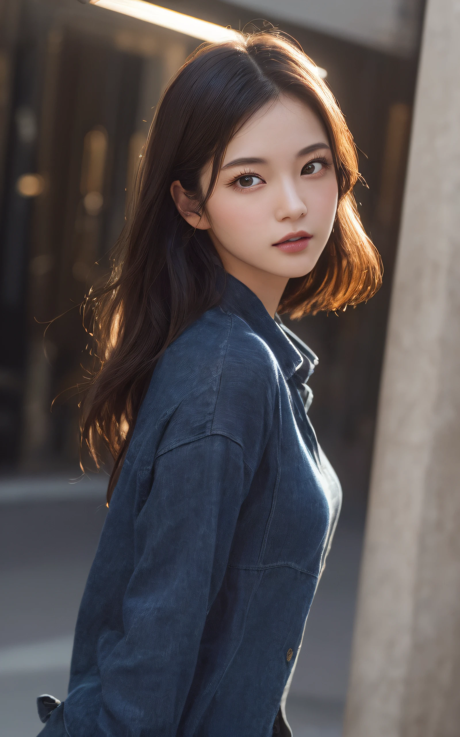 (Best Quality, High resolution, masutepiece :1.3), Dressed, (Photoreal: 1.4), (hyper realisitic: 1.4), (Realistic: 1.3), (Smooth lighting: 1.05), (Improved cinematic lighting quality: 0.9), 32K, 1 girl, 20 year old girl, Realistic lighting, Backlight, face lights, Ray Tracking, (Bright light: 1.2), (Quality Improvement: 1.4), (Quality Improvement: 1.4), (High quality realistic texture skins: 1.4), fine detailed eyes, Detailed face, Fine quality eyes, (Tired, sleepy and satisfied: 0.0), Dark blue clothes that girls in their 20s like to wear: 1.3, (enhance the atmosphere of body line: 1.1), (Enhance the beauty of skin texture: 1.1), Nogizaka Idol,  actress, Fashion Model Posing