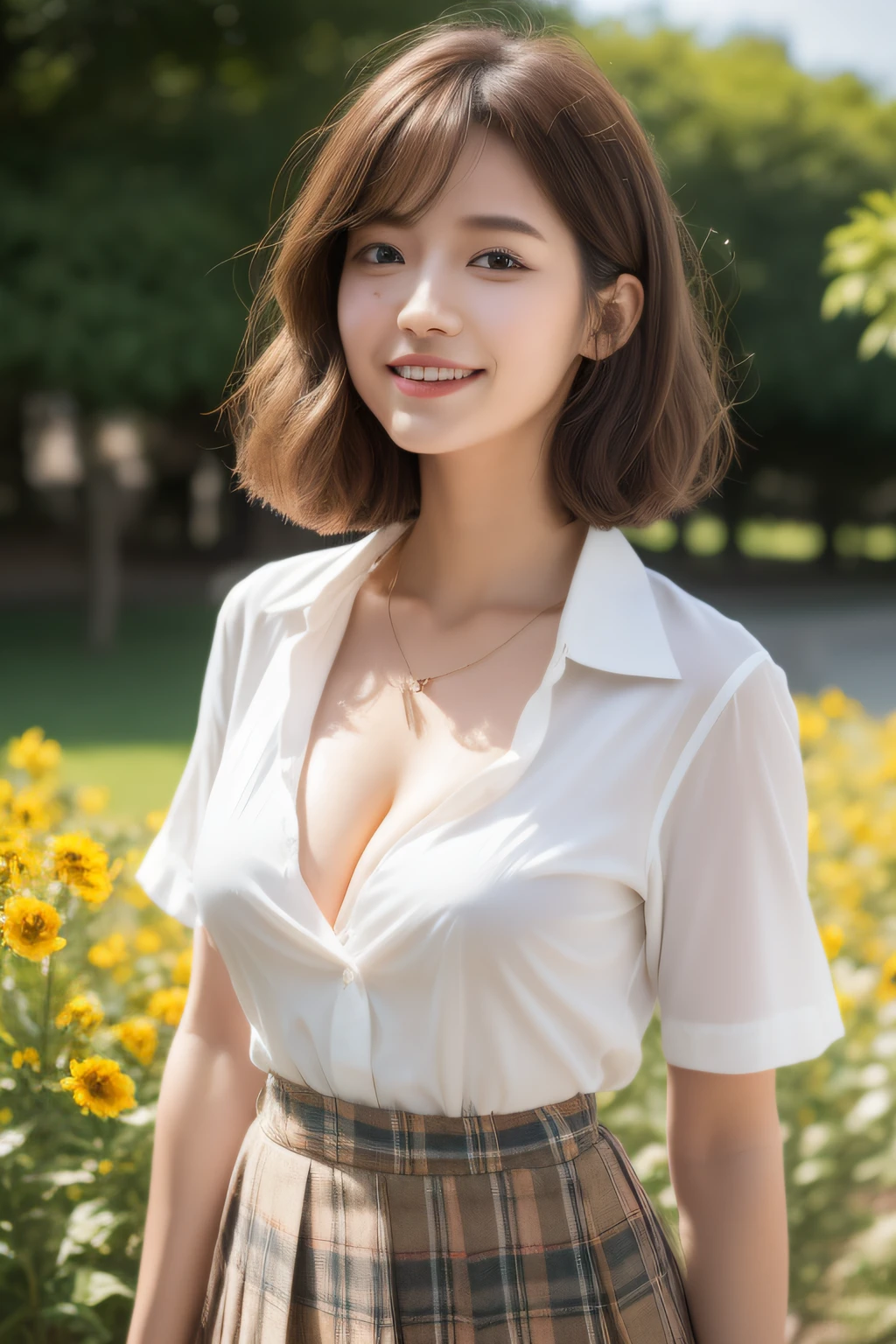 NSFW, 8k RAW photo, Best Quality, masutepiece, 超A high resolution, Film grain, filmg,( 20yr old, Slender face, 1girl in, slanted eye, eyesight, long eyelashes, Eye Highlights), Looking at Viewer, Natural Skin Texture, A perfectly proportioned face, Dimples, realistic eyes and face details, Full lips, lip stick, (makeup), Red eyeshadow, Perm Hair, Fluffy short hair, hair messy, Smile, closes mouth, Beautiful legs, Tall lady, skinny, slim_Legs, Solo, huge-breasted, cleavage, Ultra short skirt, Ass, Shirt, (beautiful nature location, around flowers location), (Detailed background), (Beige plaid skirt, White shirt), huge-breasted, cleavage, Show a little cleavage through the shirt, lowfers, Blurry background, Blurry, Plaid, Short sleeves, Brown hair, Bangs, ((School uniform)), a necklace, Parted lips, Lips, From Side, Pleated skirt, depth of fields