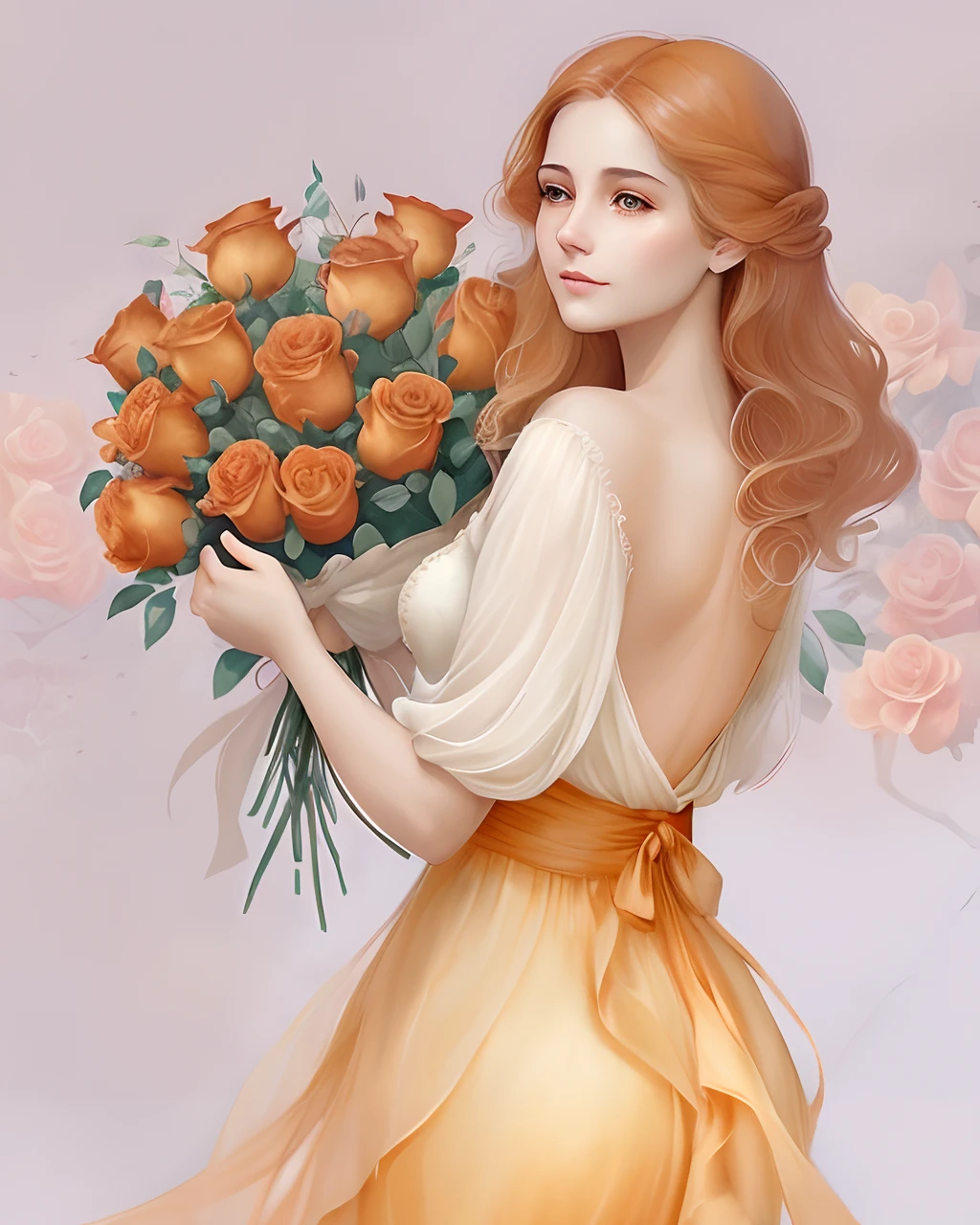 There's a woman holding a bunch of orange roses in her hand, No estilo de arte de Bowater, estilo de arte charlie bowater, Beautiful digital illustration, Estilo de Charlie Bowater, pintura digital elegante, No estilo de Charlie Bowater, Lois Ross, in illustration style digital, a beautiful artwork illustration, exquisite digital illustration, arte digital de um elegante