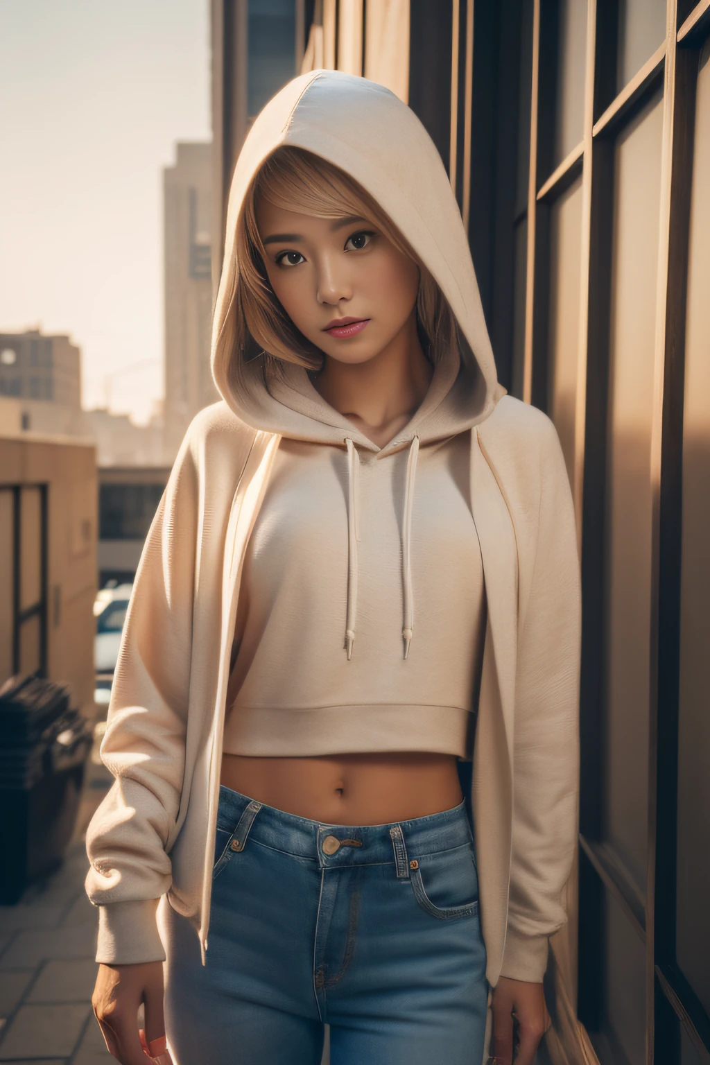 (masterpiece, top-quality:1.3), (Ultra detailed 8K cg:1.2), (hyper realisitic:1.35), (Photorealistic:1.45), (Realistic:1.4), 1 beautiful Japanese girl, 28 years old, (a blond:1.2), (Tanned skin:1.4), flat chest, (gal make:1.3), (Looking at Viewer), Dynamic lighting, Dynamic Angle, (hoodie with less cloth), (hood up:1.4), Hot Pants, (downtown:1.3), (action:1.2), golden hour, midriff peek,