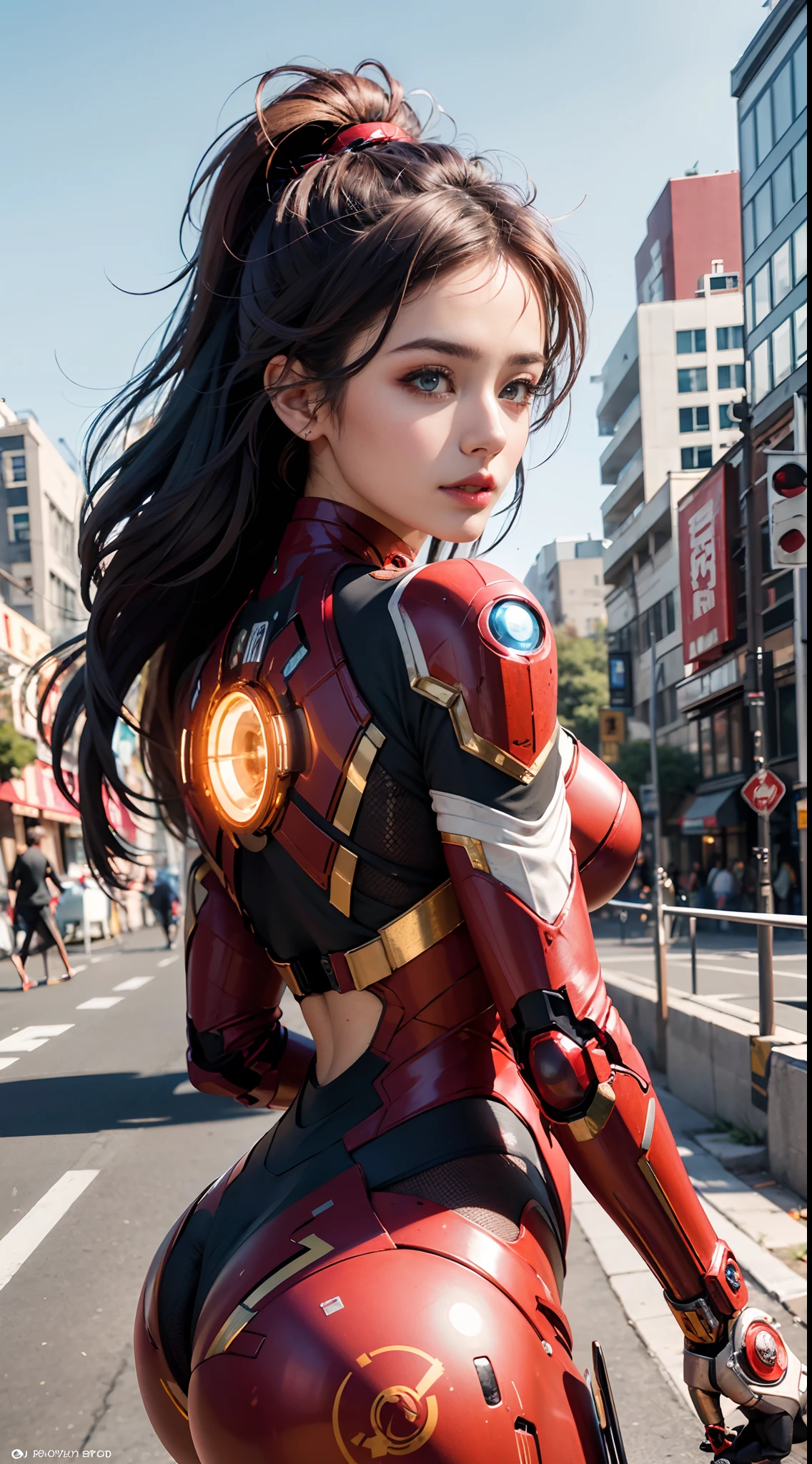 (1girl:1.3), solo, __body-parts__, official art, unified 8k wallpaper, super detailed, beautiful and aesthetic, beautiful, masterpiece, best quality, raw, masterpiece, super fine photo, best quality, super high resolution, photorealistic , sunlight, full body portrait, amazing beauty, dynamic pose, delicate face, vibrant eyes, (viewed from the side), she is wearing a full body futuristic Iron Man mech, red and gold color scheme, new york city background, Detailed face, blurred background, , gorgeous, milky white, highly detailed skin, realistic skin details, visible pores, sharp focus, volumetric fog, 8k uhd, high quality, film grain, fair skin,