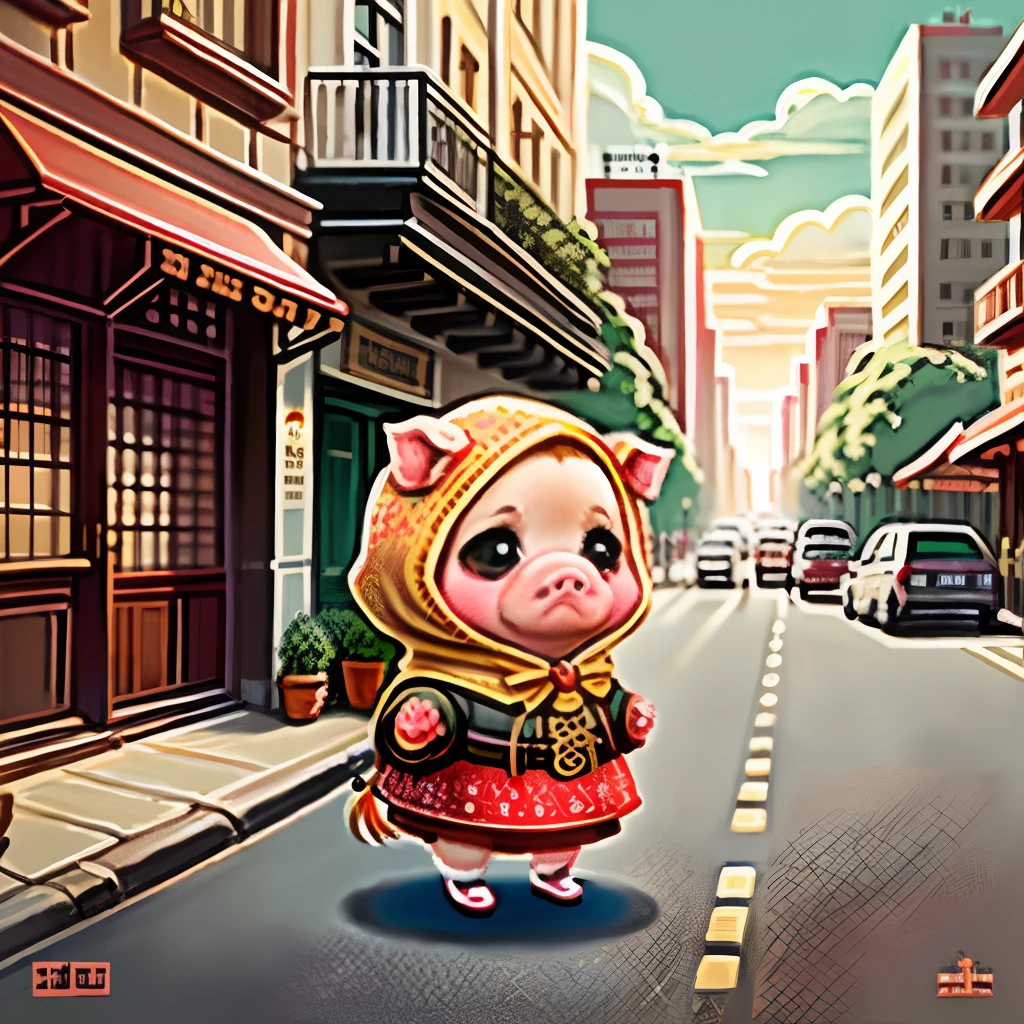 Zodiac pig A small pig ,Big eyes, Dress up in festive costumes, Standing on the side of the street, Ancient style, Artistic touch,Snes painting