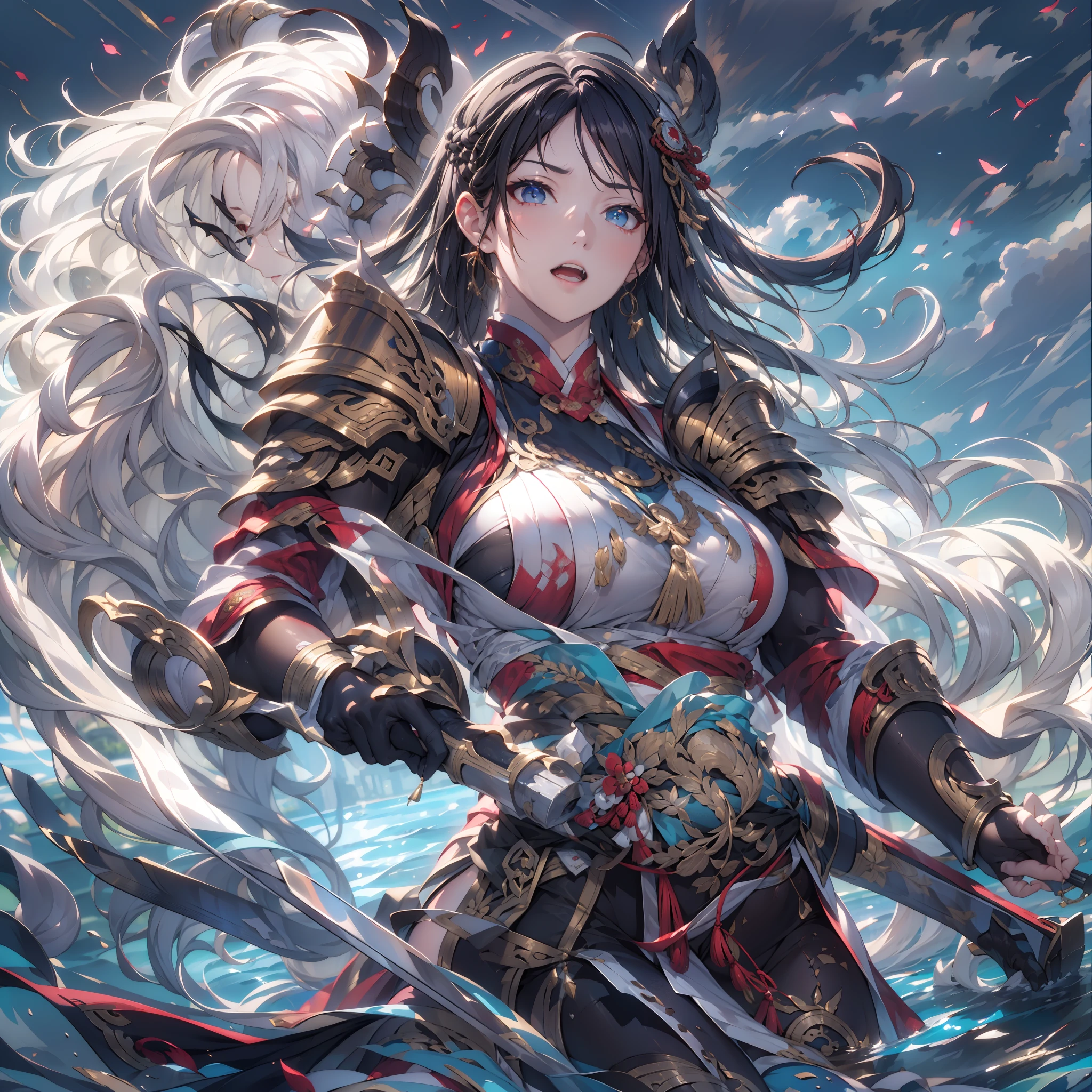 ((Masterpiece, Highest quality)), Detailed face, CharacterDesignSheet,perfectly proportions,full bodyesbian, Full of details, Multiple poses and expressions, Highly detailed, Beautiful Paladin girl surrounded by huge swirling floating water vapor,Starry sky clouds,The most informative,Neutral style,full bodyesbian,swordsmen,Chinese traditional style,Armor,sparkling water reflections,hyper realistic photography,Realistic shadows and lighting,glowing effect,ultra - detailed,8K,ultra-realistic realism