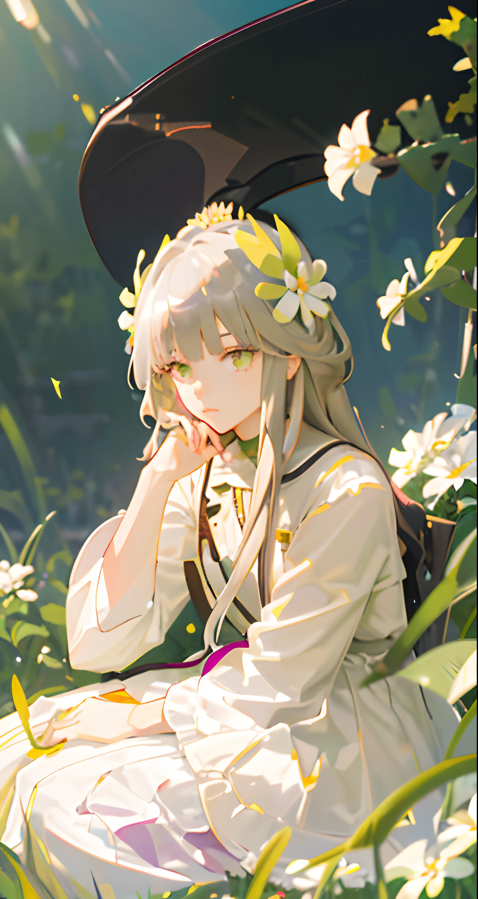 (Masterpiece, Best quality),1 girl sitting in a field of green plants and flowers, her hand under her chin, Warm lighting, white dresses, blurryforeground, silber hair, Purple eye,  entire body image, White flowers, Pink flowers, a plant, Light