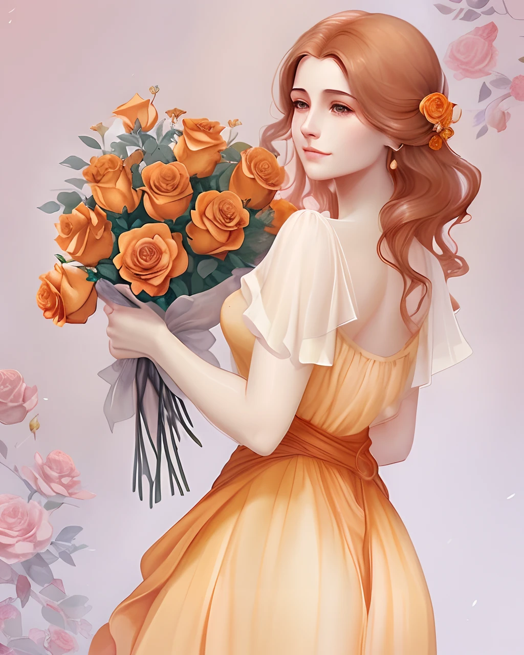 There's a woman holding a bunch of orange roses in her hand, No estilo de arte de Bowater, estilo de arte charlie bowater, Beautiful digital illustration, Estilo de Charlie Bowater, pintura digital elegante, No estilo de Charlie Bowater, Lois Ross, in illustration style digital, a beautiful artwork illustration, exquisite digital illustration, arte digital de um elegante