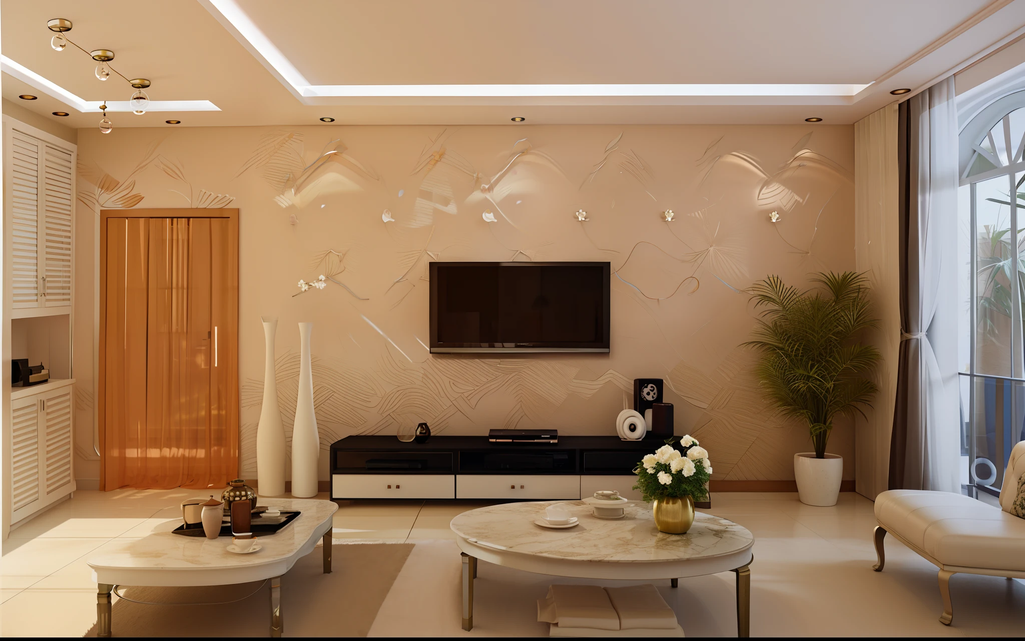 Comes with a TV、Sofa and table of Araffed living room, Interior decoration, high quality rendering, popular interior design style, living room interior design, living room wall background, indoor soft lighting, mysterious ambient lighting, volumetric interior lighting, warm lighting interior, cream - colored room, simple ceiling, Bright ambient lighting, interior living room, asian interior decoration