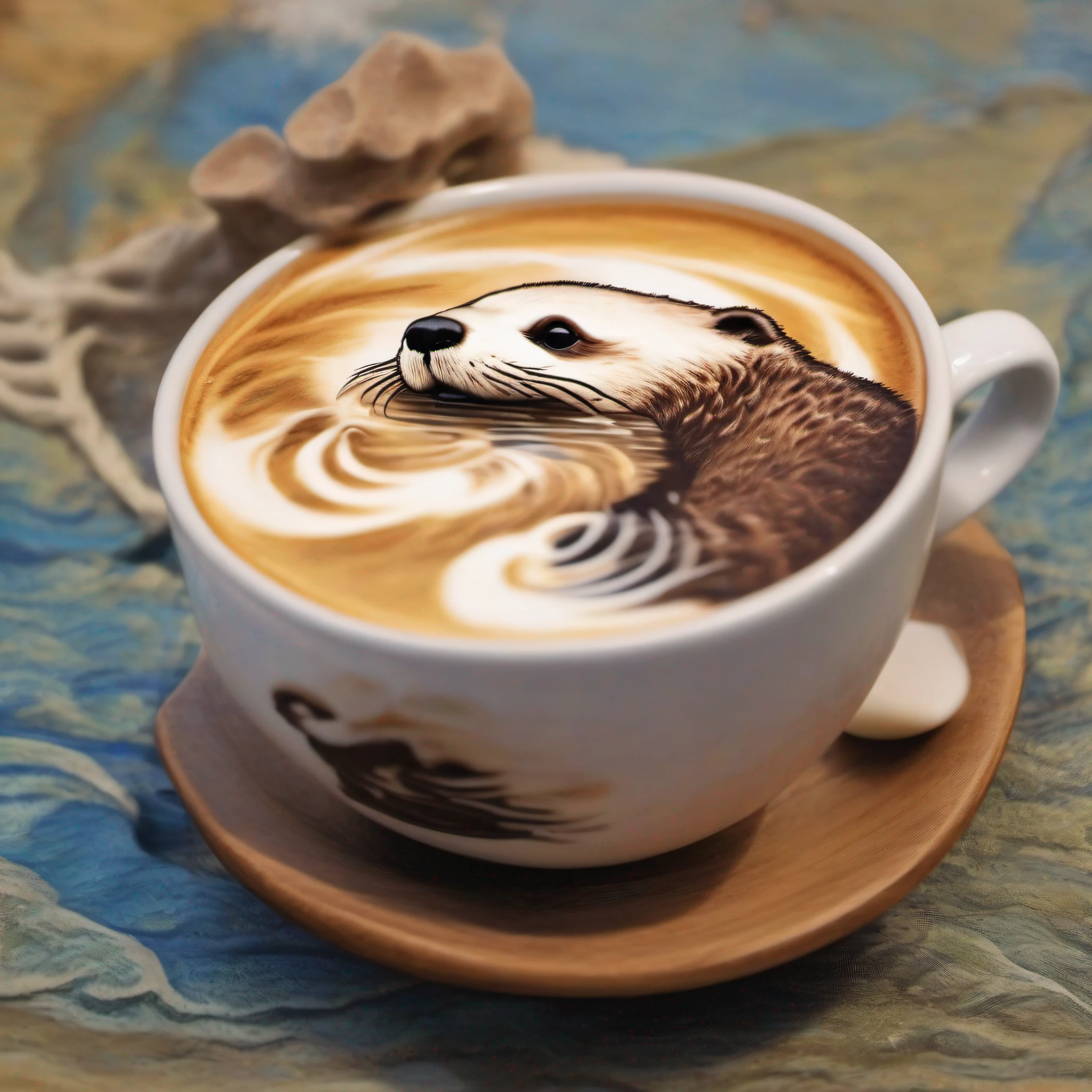 (Cafe Latte、Latte art):1.5、(Latte art depicts sea otters taking a nap on the sea):1.9、masutepiece、realisitic