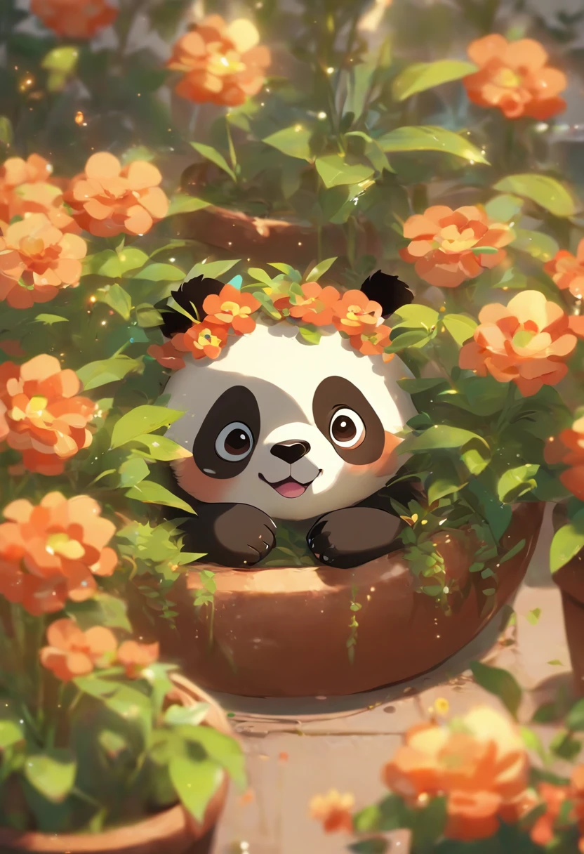 A cute panda lying on his stomach in a flower pot,has big eyes,differentemotions,Different postures and expressions。vred,grievance,かわいい,having fun,high detal
