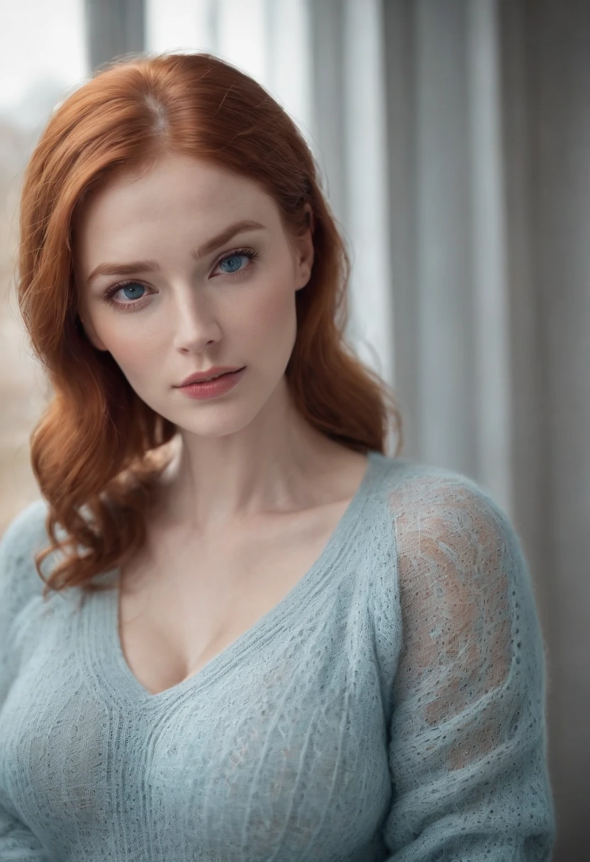 woman, Big breasts, Redhead, Blue eyes, see-through sweater, small jaw