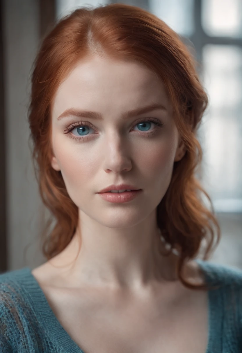 woman, Big breasts, Redhead, Blue eyes, see-through sweater, small jaw